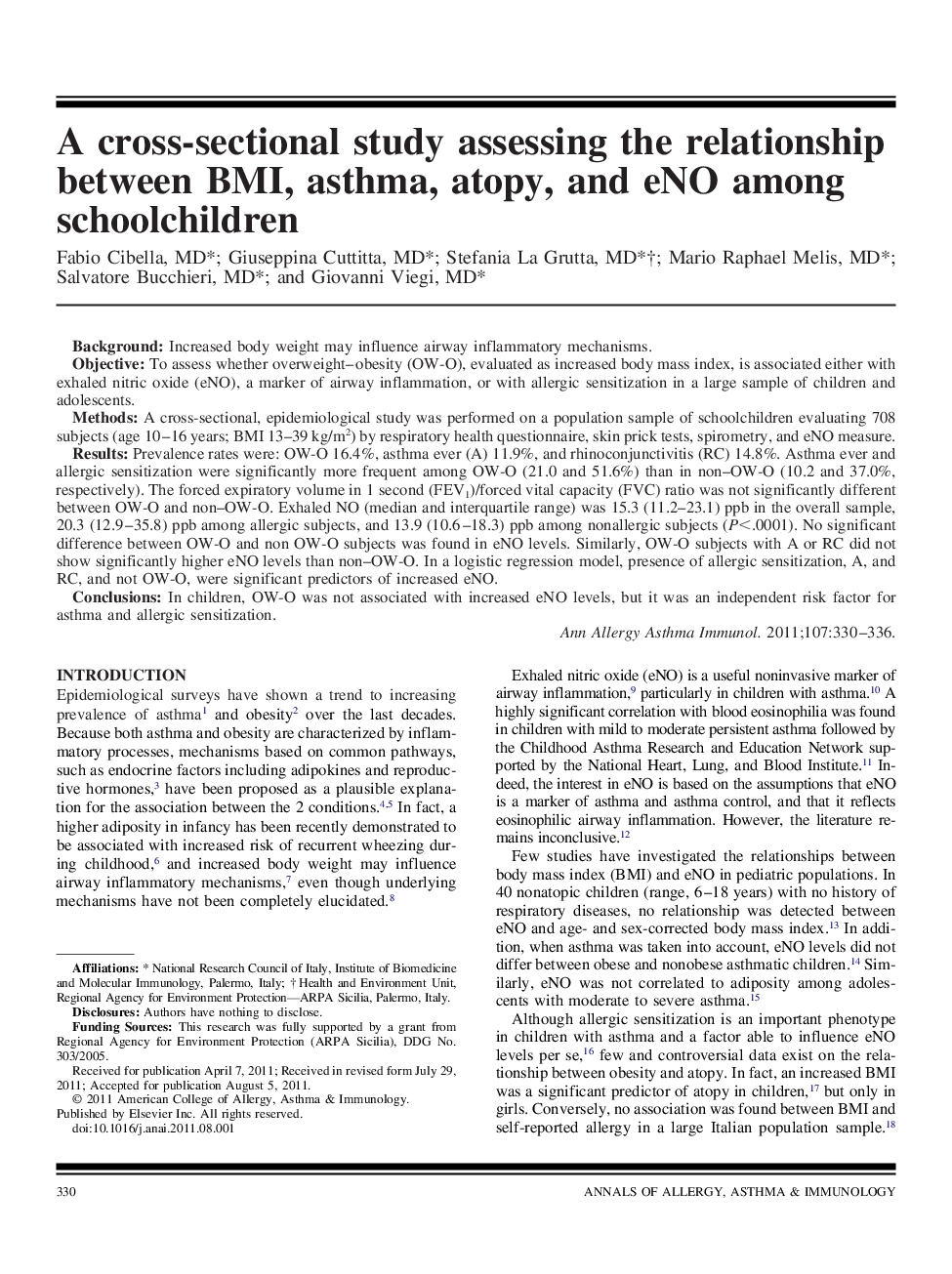A cross-sectional study assessing the relationship between BMI, asthma, atopy, and eNO among schoolchildren