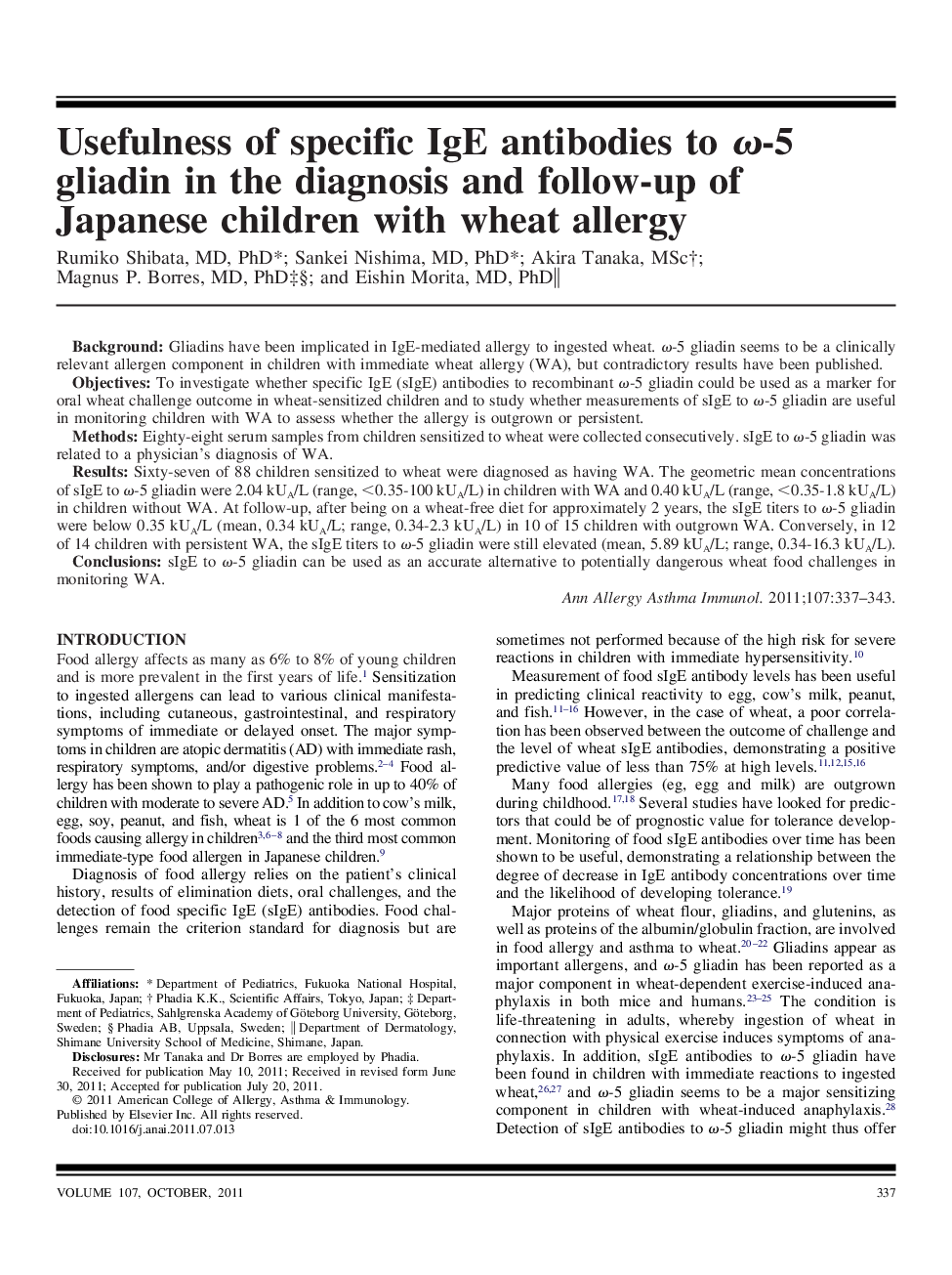 Usefulness of specific IgE antibodies to Ï-5 gliadin in the diagnosis and follow-up of Japanese children with wheat allergy