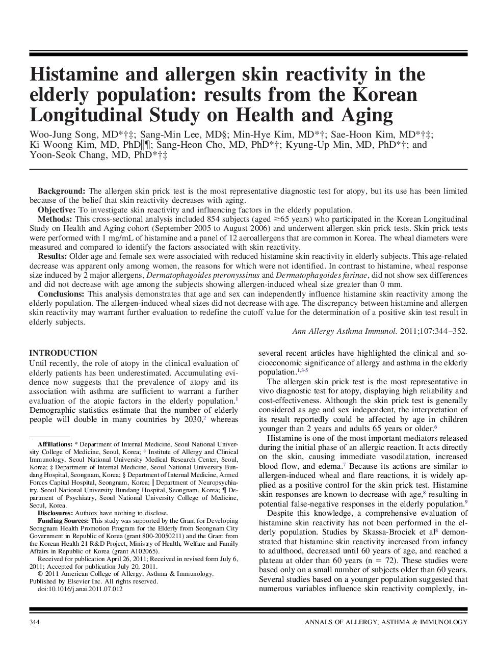 Histamine and allergen skin reactivity in the elderly population: results from the Korean Longitudinal Study on Health and Aging