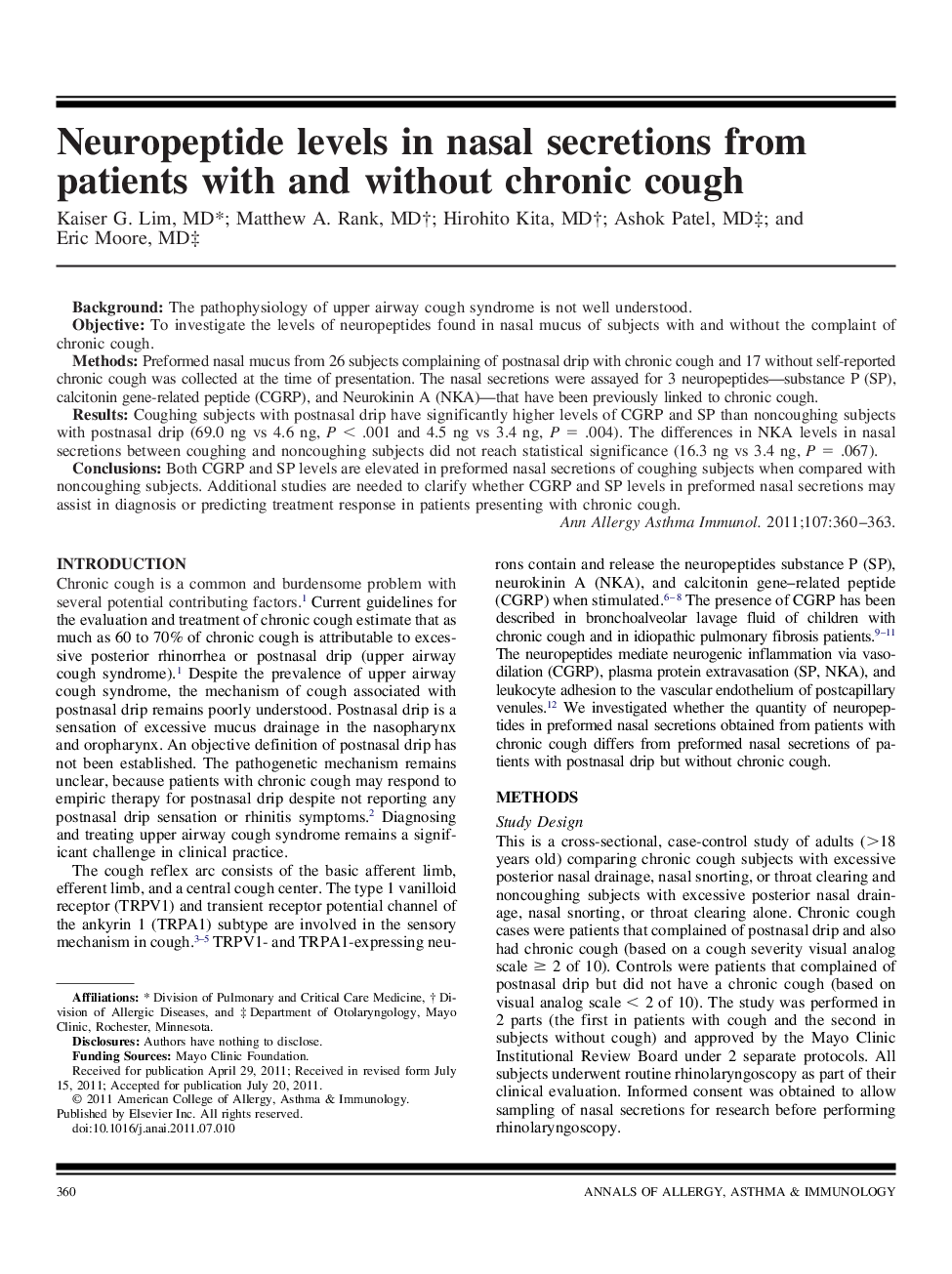 Neuropeptide levels in nasal secretions from patients with and without chronic cough