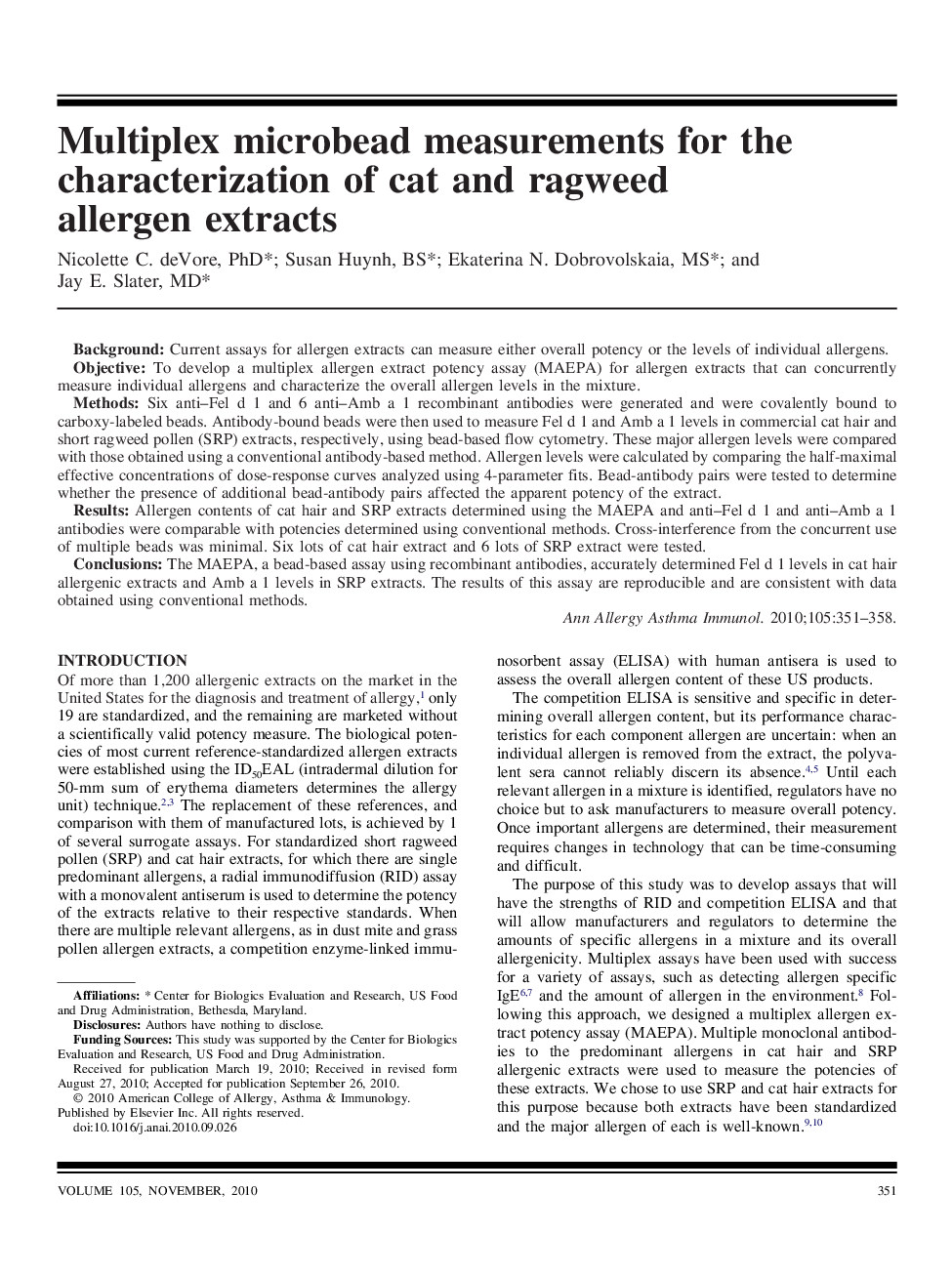 Multiplex microbead measurements for the characterization of cat and ragweed allergen extracts