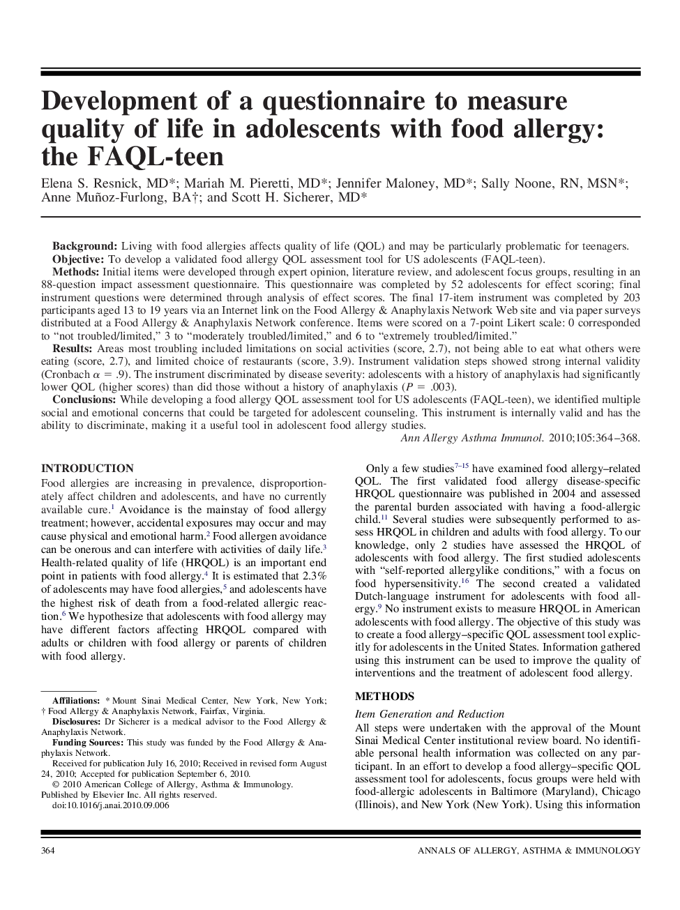 Development of a questionnaire to measure quality of life in adolescents with food allergy: the FAQL-teen