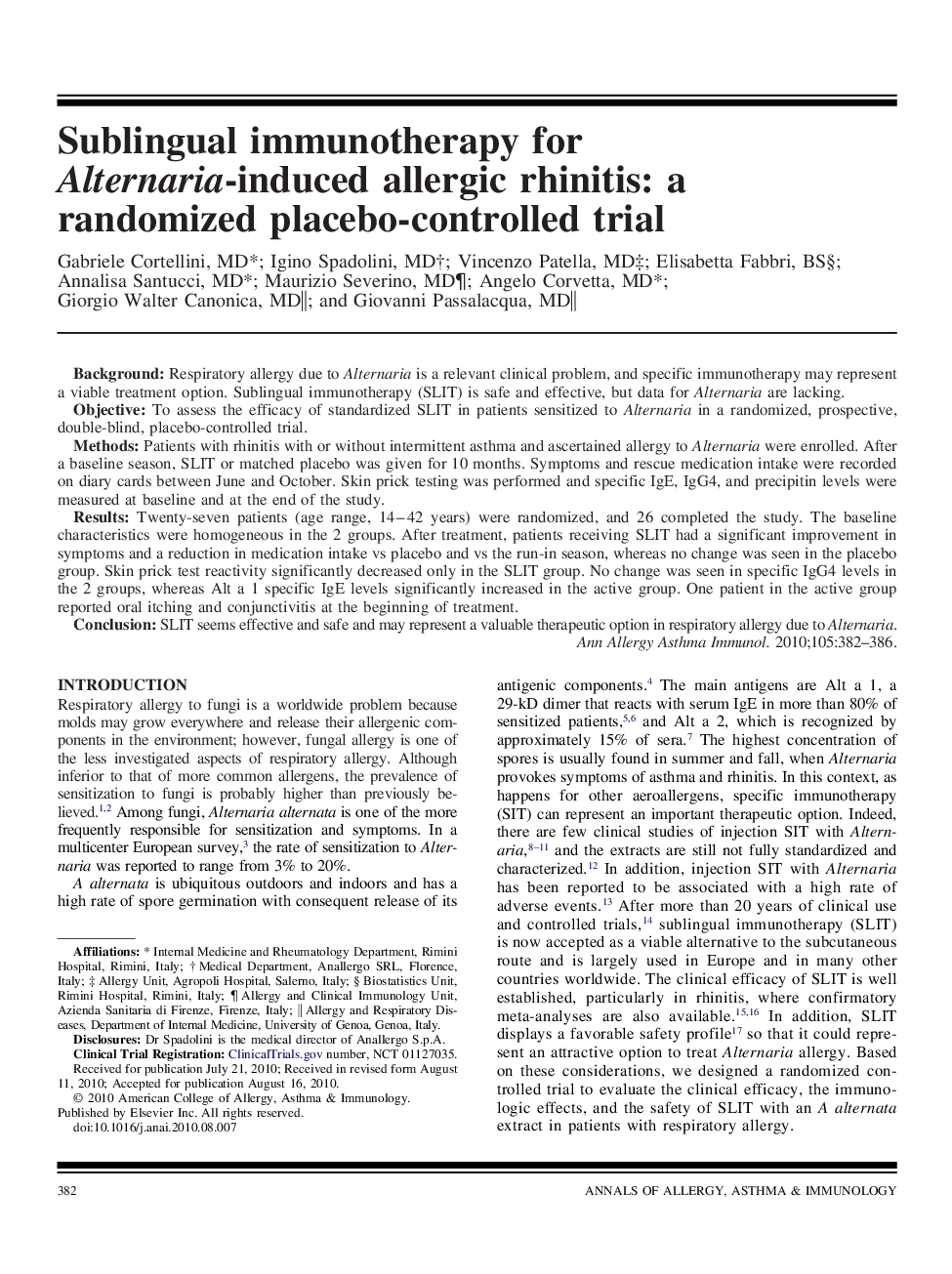 Sublingual immunotherapy for Alternaria-induced allergic rhinitis: a randomized placebo-controlled trial