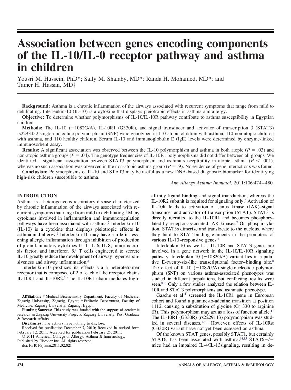 عکس صفحه اول مقاله: Association between genes encoding components of the IL-10/IL-0 receptor pathway and asthma in children Association between genes encoding components of the IL-10/IL-0 receptor pathway and asthma in children