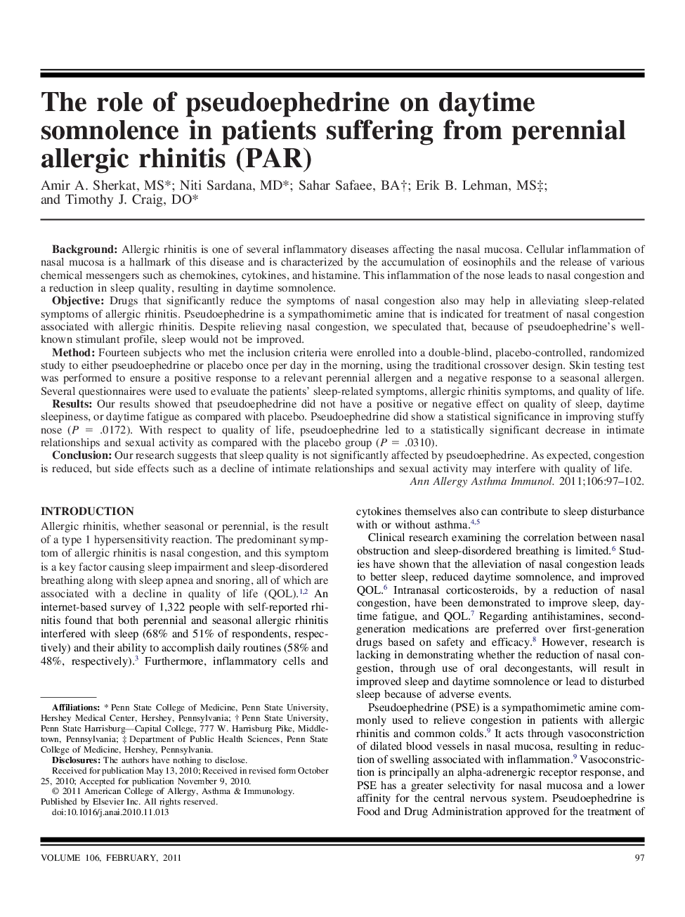 The role of pseudoephedrine on daytime somnolence in patients suffering from perennial allergic rhinitis (PAR)