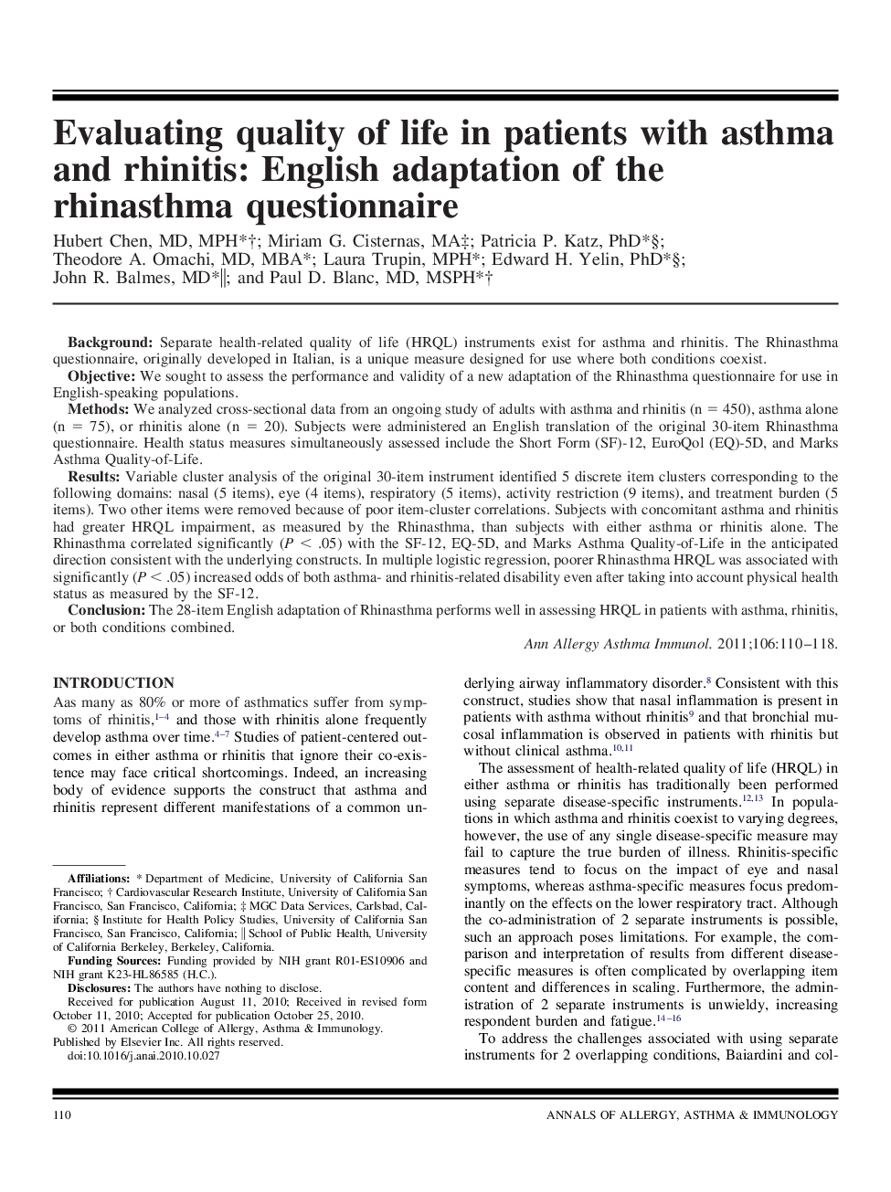 Evaluating quality of life in patients with asthma and rhinitis: English adaptation of the rhinasthma questionnaire