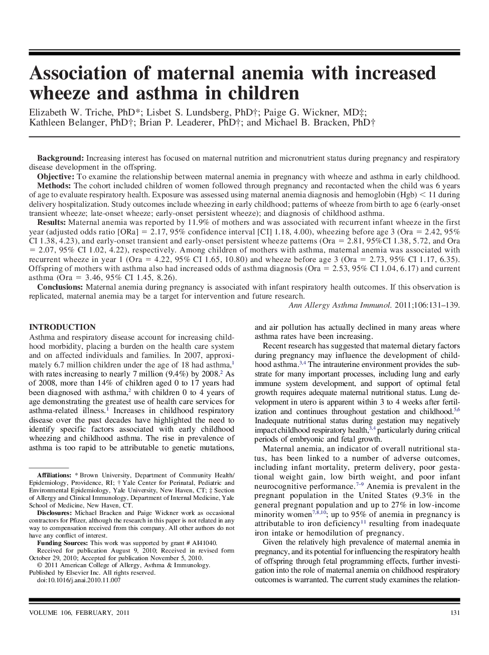 Association of maternal anemia with increased wheeze and asthma in children