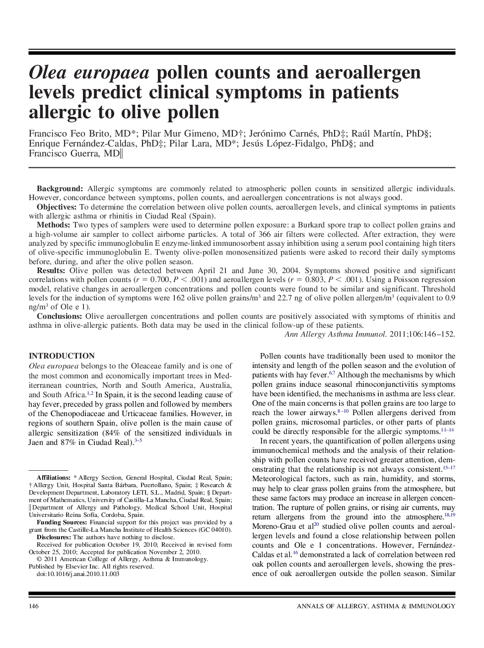 Olea europaea pollen counts and aeroallergen levels predict clinical symptoms in patients allergic to olive pollen