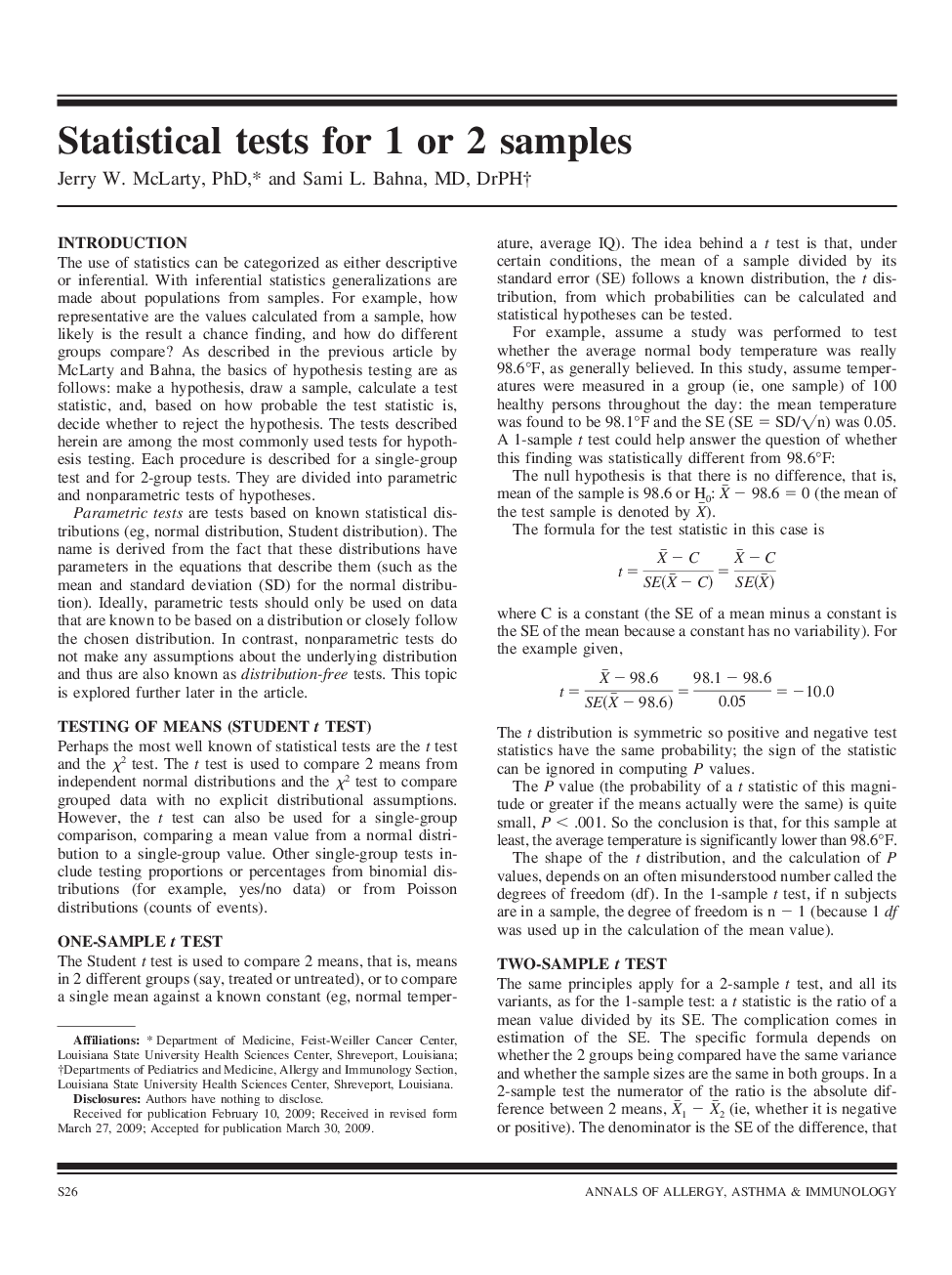 Statistical tests for 1 or 2 samples
