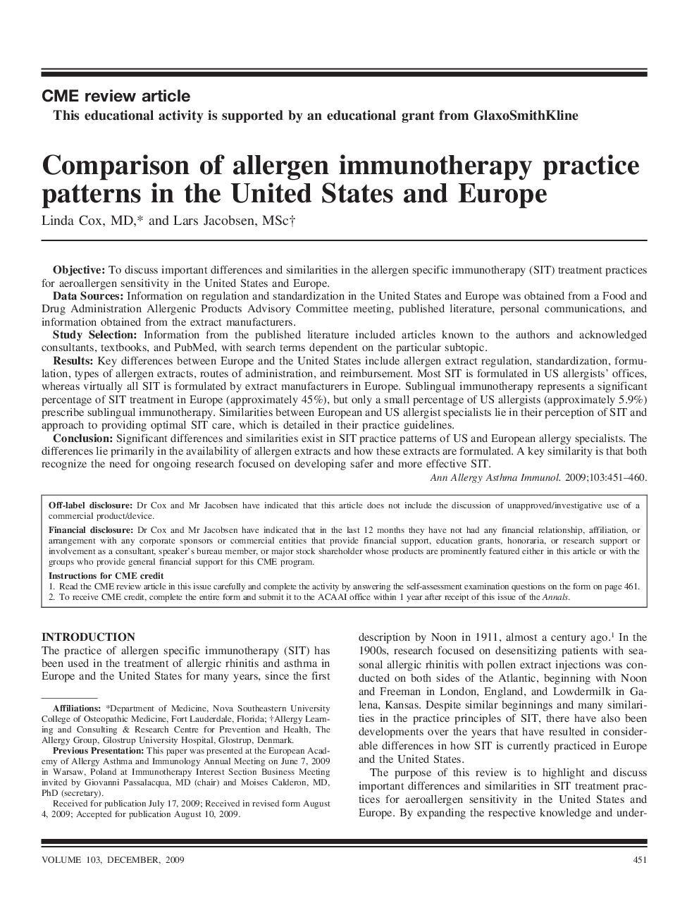 Comparison of allergen immunotherapy practice patterns in the United States and Europe