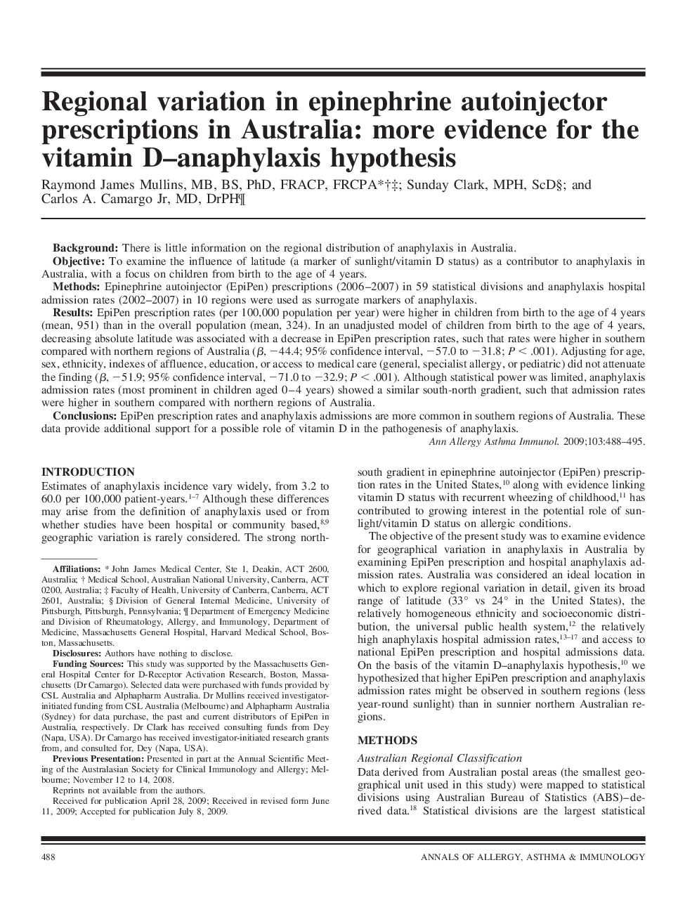 Regional variation in epinephrine autoinjector prescriptions in Australia: more evidence for the vitamin D-anaphylaxis hypothesis