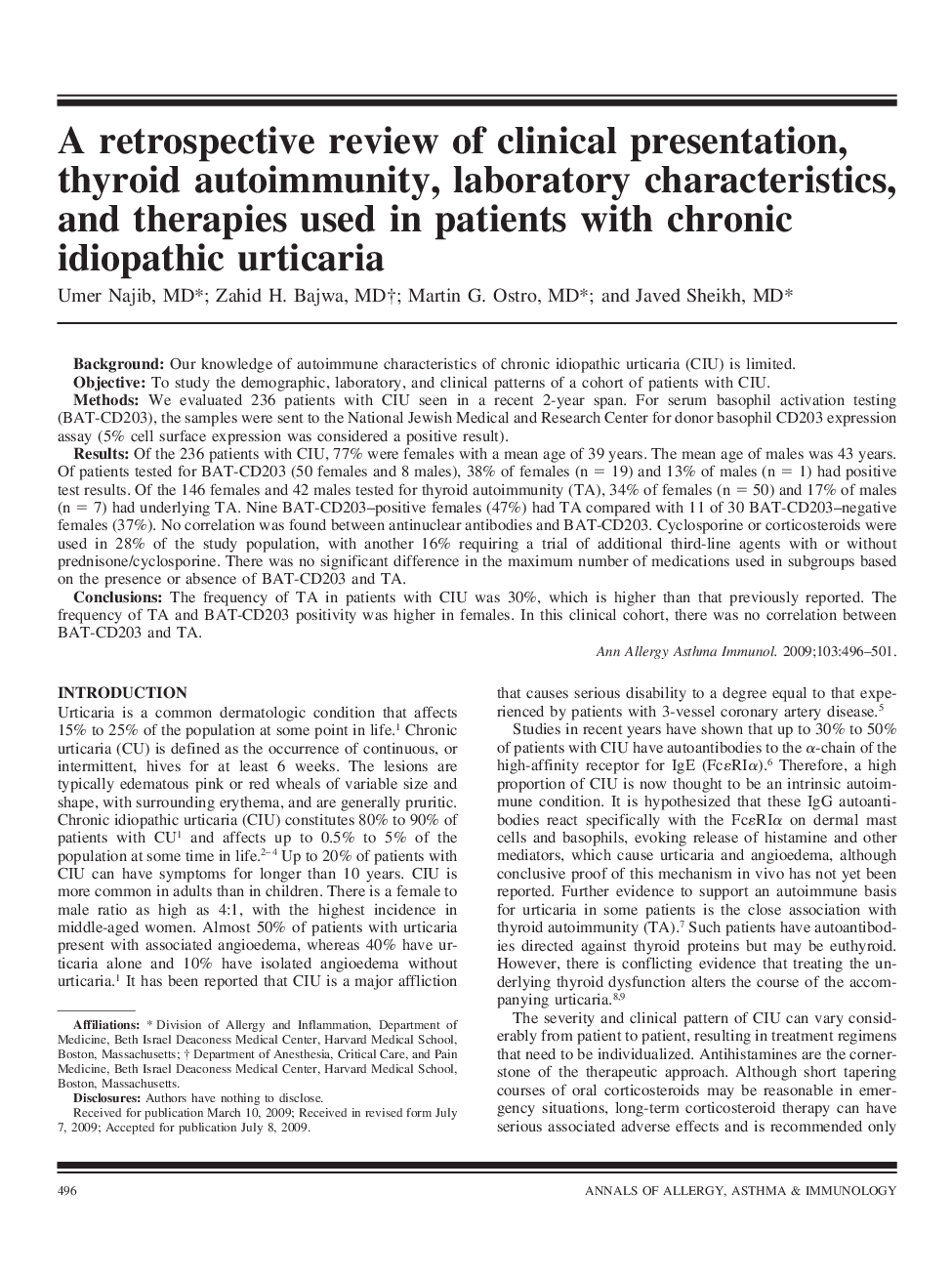 A retrospective review of clinical presentation, thyroid autoimmunity, laboratory characteristics, and therapies used in patients with chronic idiopathic urticaria