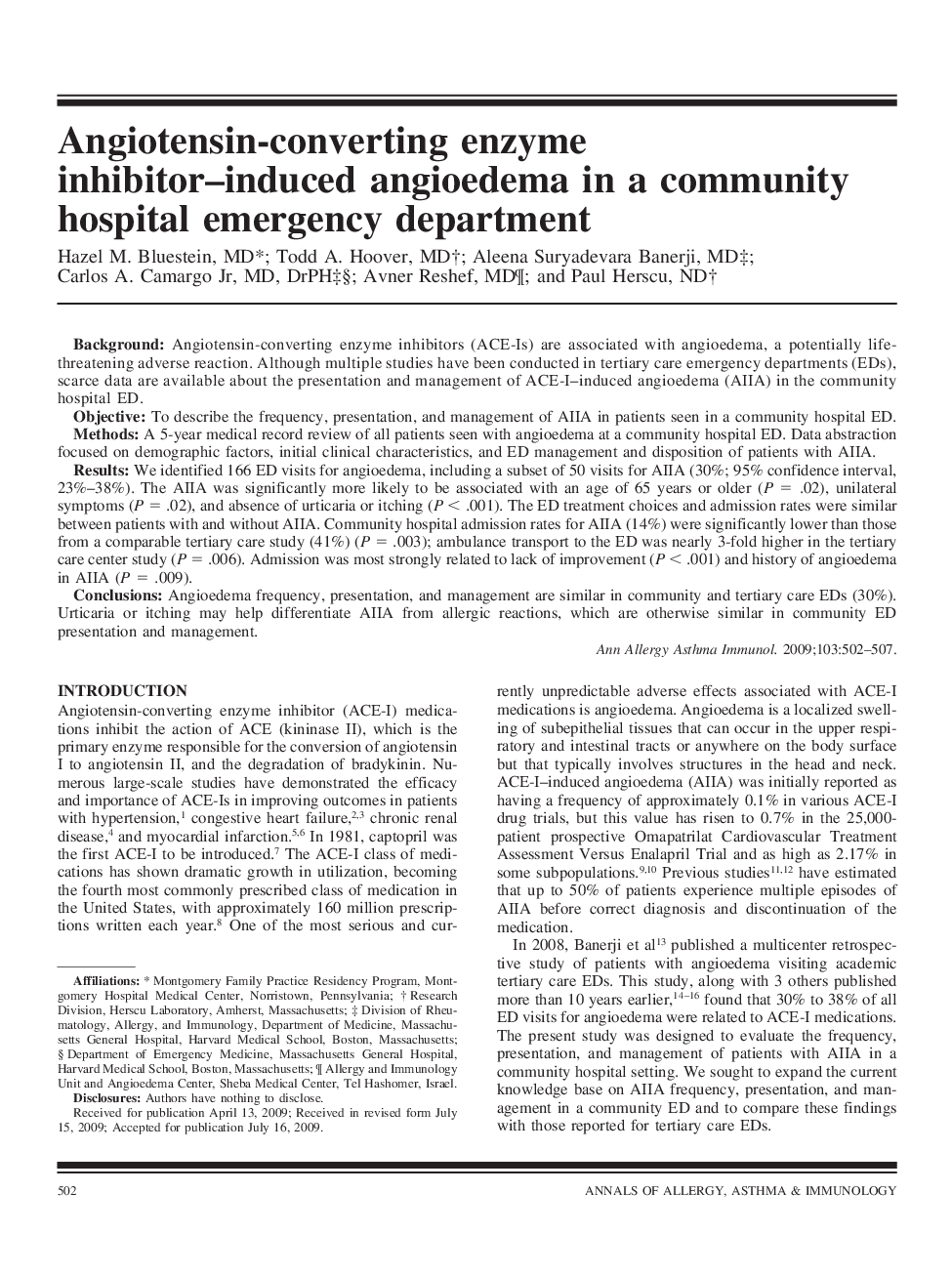 Angiotensin-converting enzyme inhibitor-induced angioedema in a community hospital emergency department