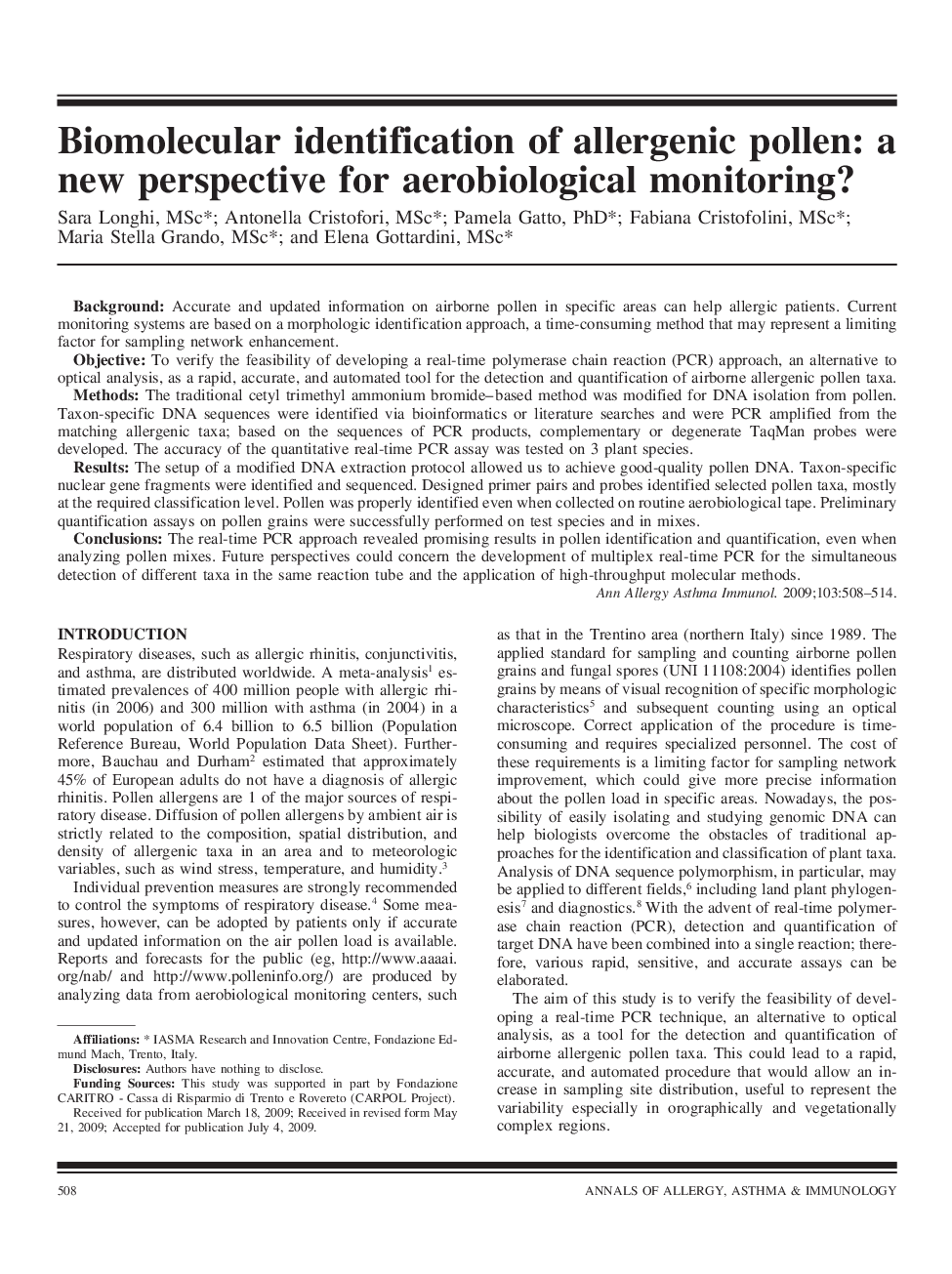 Biomolecular identification of allergenic pollen: a new perspective for aerobiological monitoring?