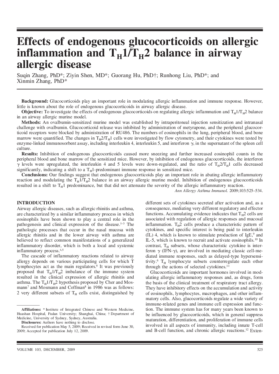 Effects of endogenous glucocorticoids on allergic inflammation and TH1/TH2 balance in airway allergic disease
