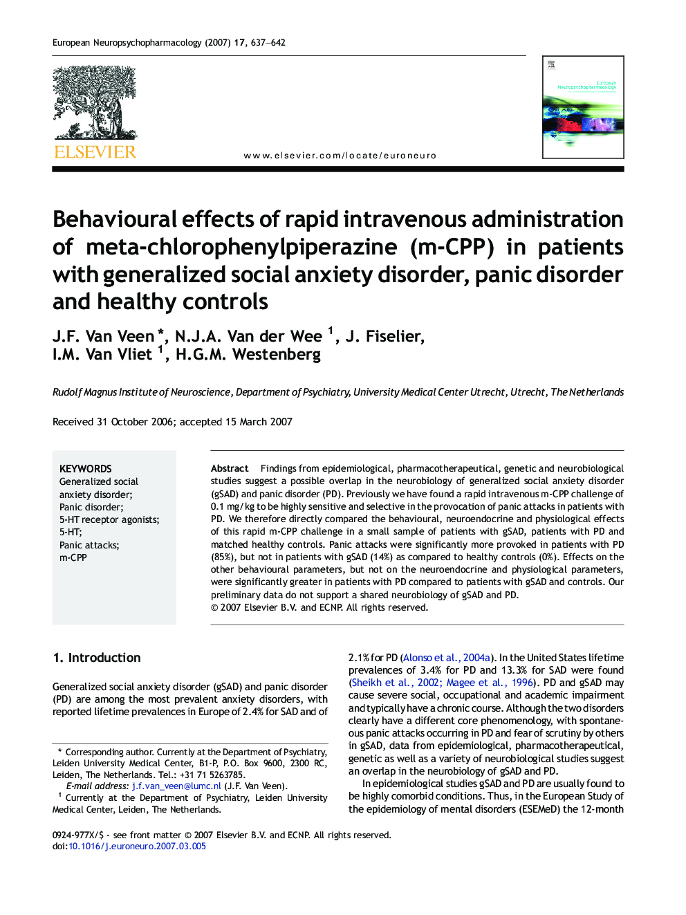 Behavioural effects of rapid intravenous administration of meta-chlorophenylpiperazine (m-CPP) in patients with generalized social anxiety disorder, panic disorder and healthy controls