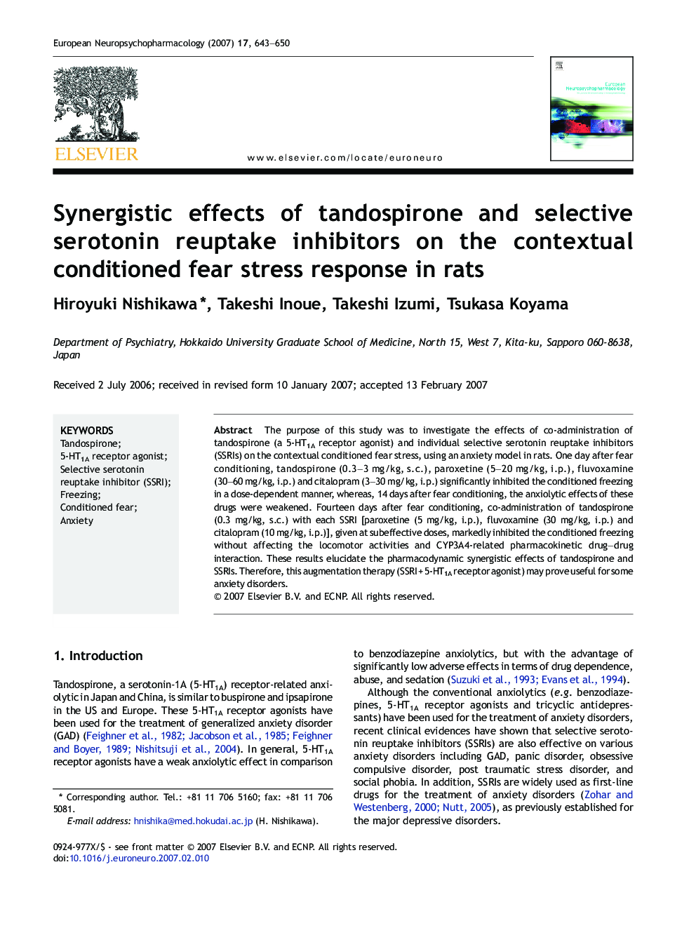 Synergistic effects of tandospirone and selective serotonin reuptake inhibitors on the contextual conditioned fear stress response in rats