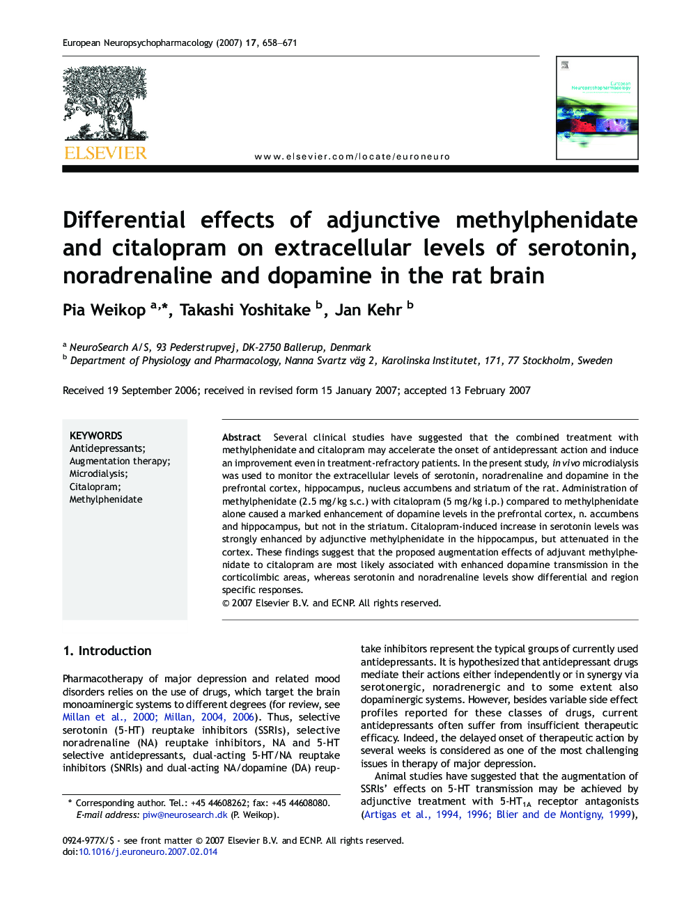 Differential effects of adjunctive methylphenidate and citalopram on extracellular levels of serotonin, noradrenaline and dopamine in the rat brain