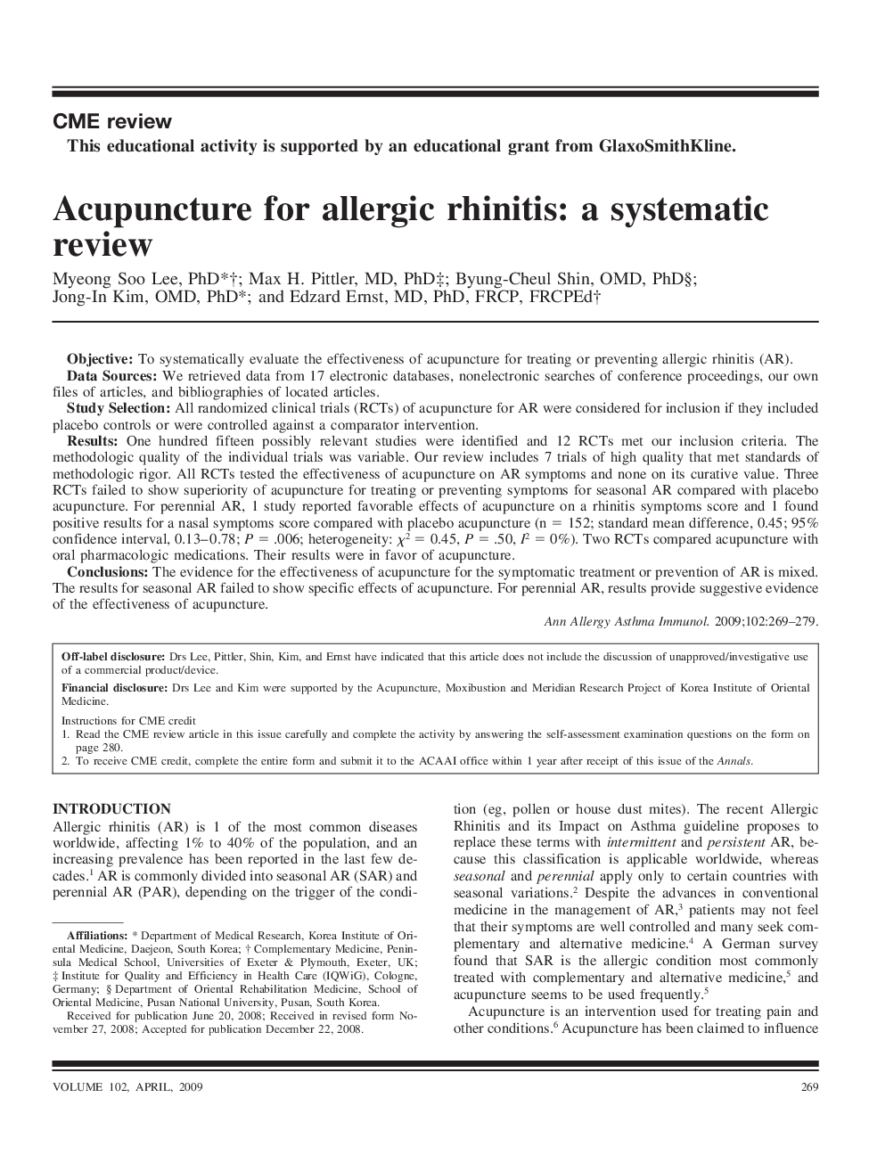Acupuncture for allergic rhinitis: a systematic review