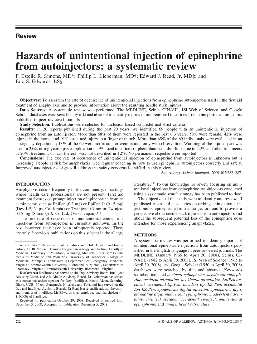 Hazards of unintentional injection of epinephrine from autoinjectors: a systematic review
