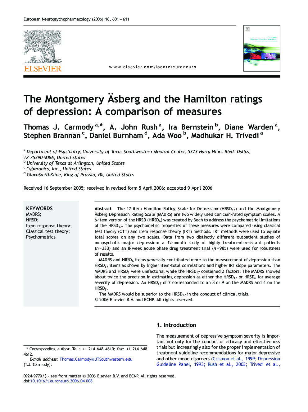 The Montgomery Äsberg and the Hamilton ratings of depression: A comparison of measures