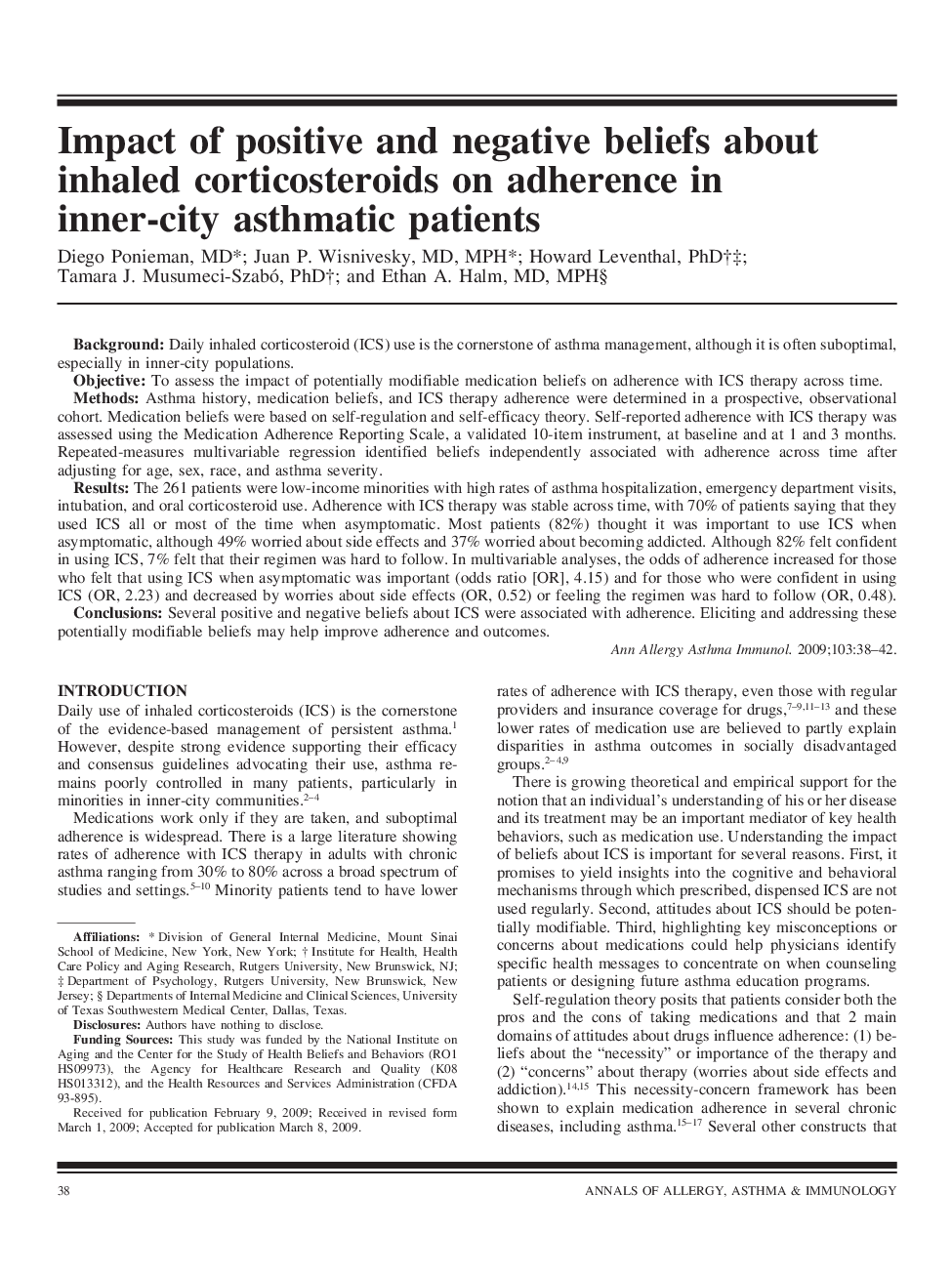 Impact of positive and negative beliefs about inhaled corticosteroids on adherence in inner-city asthmatic patients