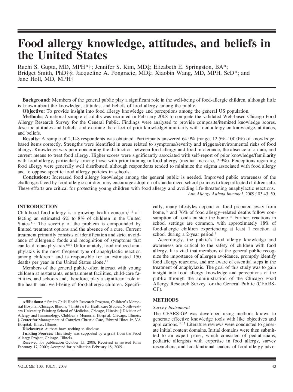Food allergy knowledge, attitudes, and beliefs in the United States