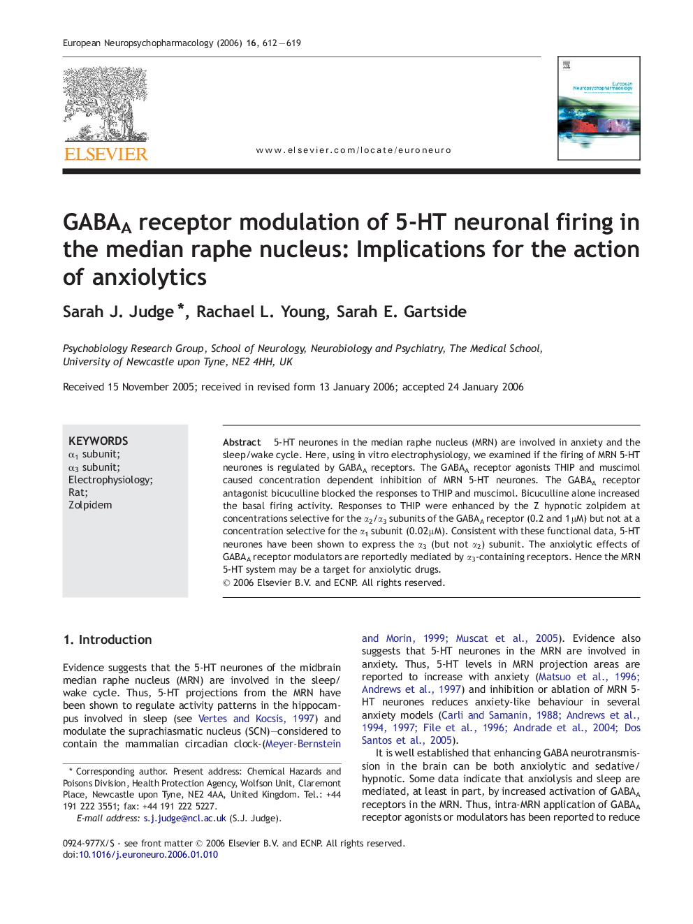 GABAA receptor modulation of 5-HT neuronal firing in the median raphe nucleus: Implications for the action of anxiolytics