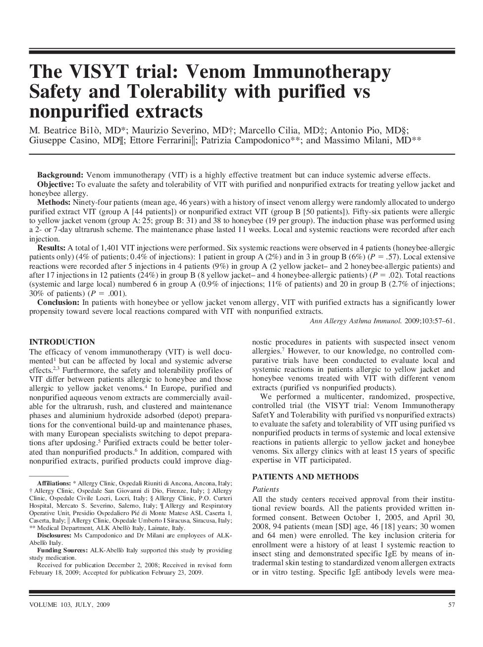 The VISYT trial: Venom Immunotherapy Safety and Tolerability with purified vs nonpurified extracts