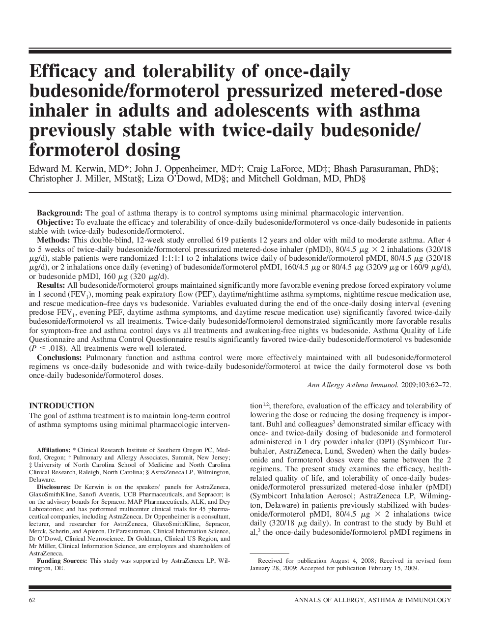 Efficacy and tolerability of once-daily budesonide/formoterol pressurized metered-dose inhaler in adults and adolescents with asthma previously stable with twice-daily budesonide/formoterol dosing