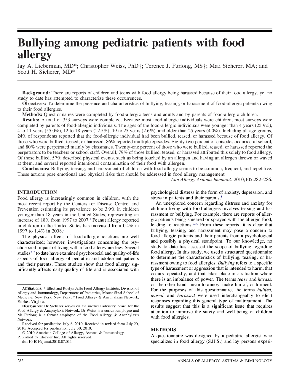 Bullying among pediatric patients with food allergy