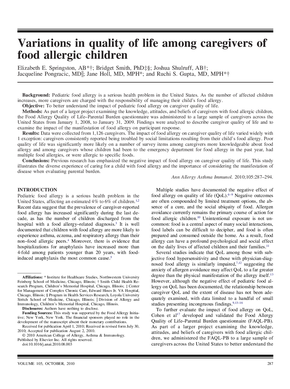 Variations in quality of life among caregivers of food allergic children