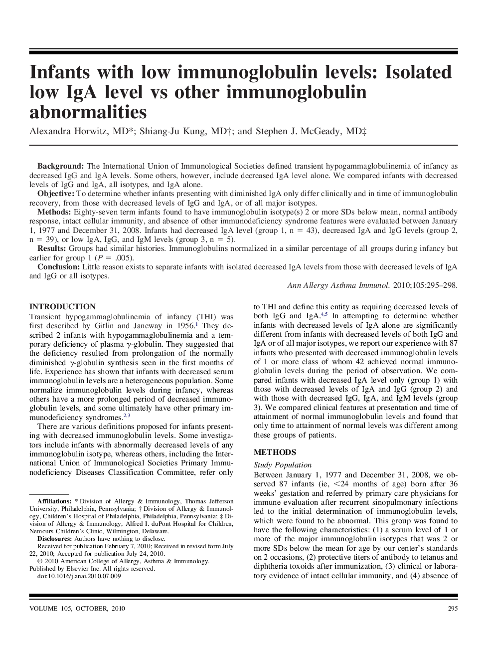 Infants with low immunoglobulin levels: Isolated low IgA level vs other immunoglobulin abnormalities