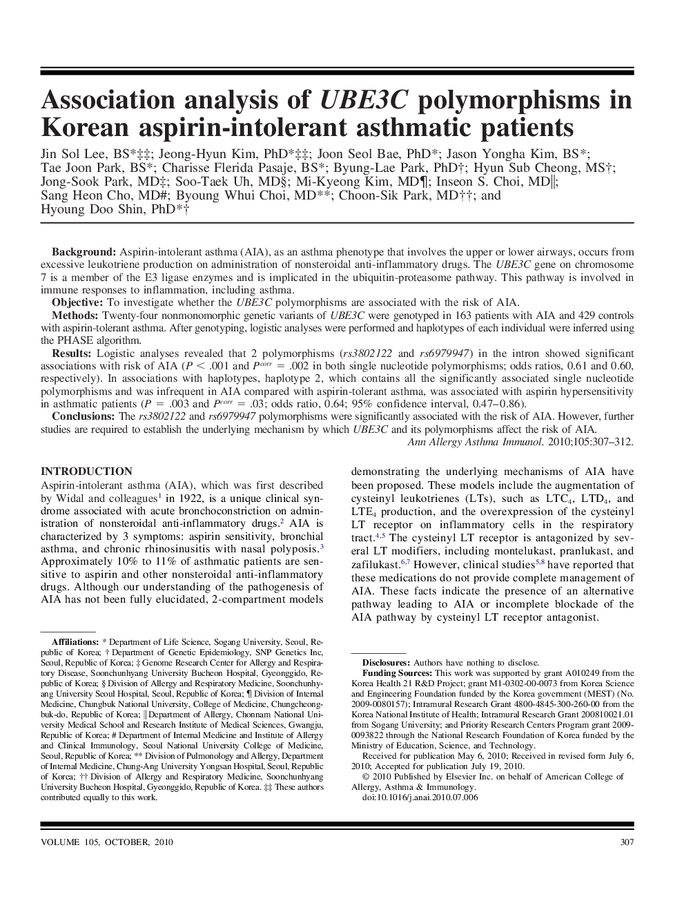Association analysis of UBE3C polymorphisms in Korean aspirin-intolerant asthmatic patients