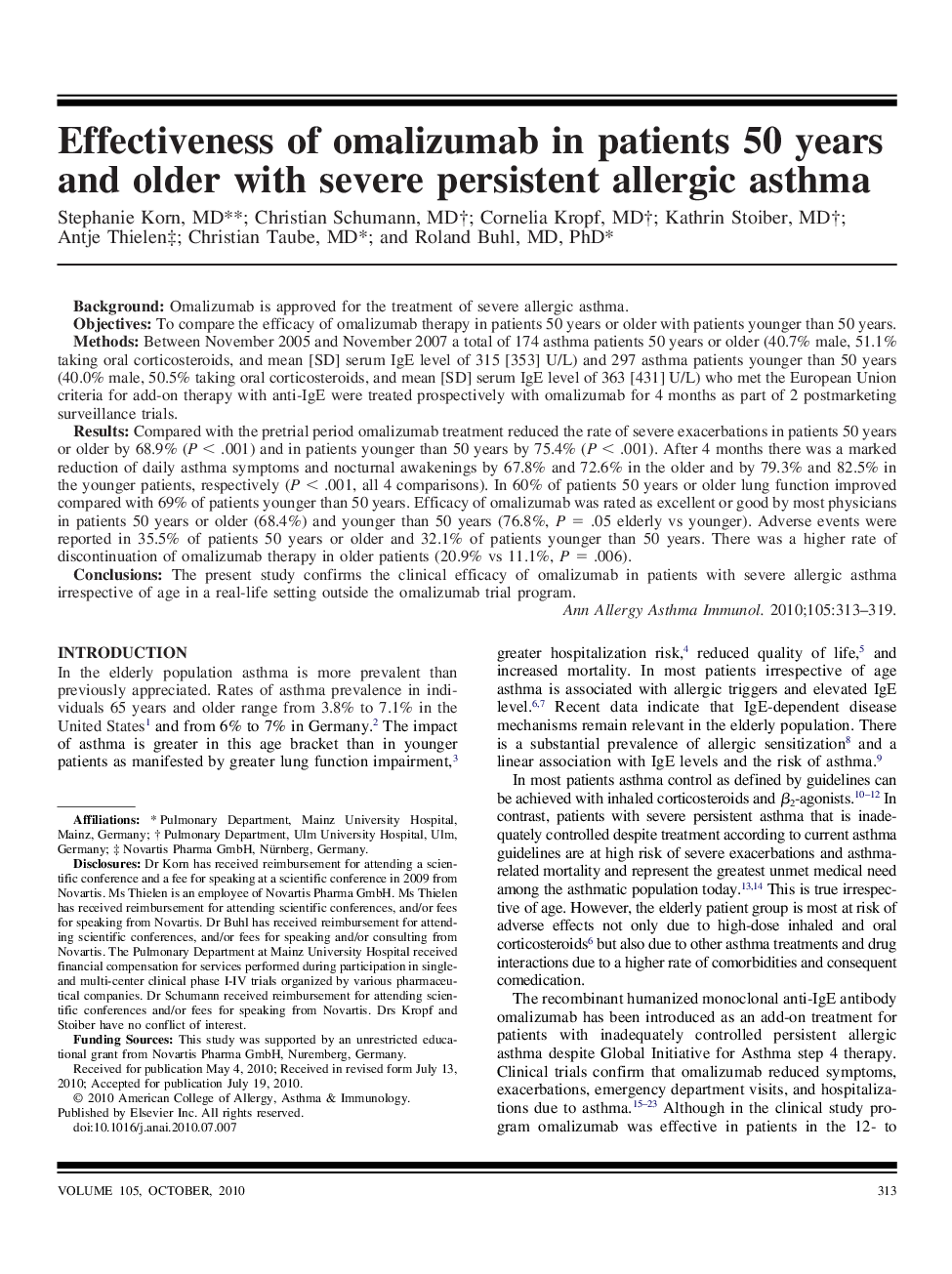Effectiveness of omalizumab in patients 50 years and older with severe persistent allergic asthma