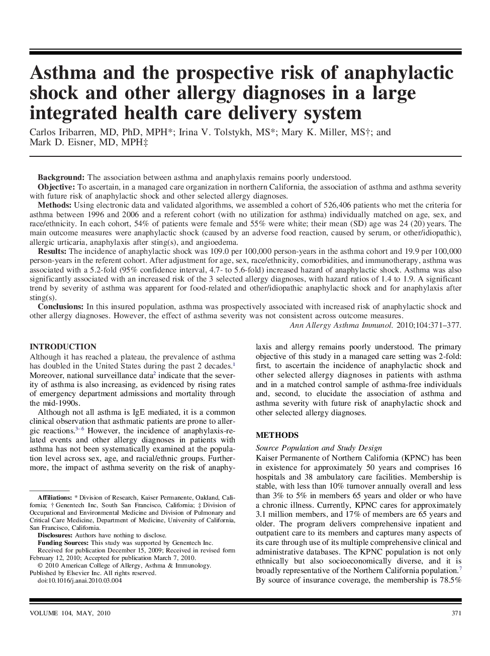 عکس صفحه اول مقاله: Asthma and the prospective risk of anaphylactic shock and other allergy diagnoses in a large integrated health care delivery system Asthma and the prospective risk of anaphylactic shock and other allergy diagnoses in a large integrated health care delivery system