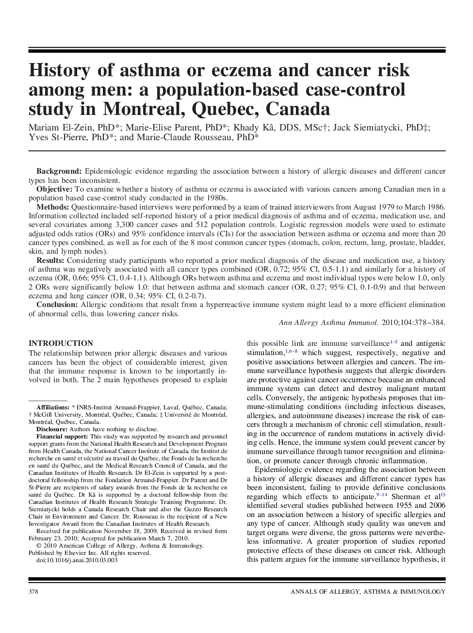 عکس صفحه اول مقاله: History of asthma or eczema and cancer risk among men: a population-based case-control study in Montreal, Quebec, Canada History of asthma or eczema and cancer risk among men: a population-based case-control study in Montreal, Quebec, Canada