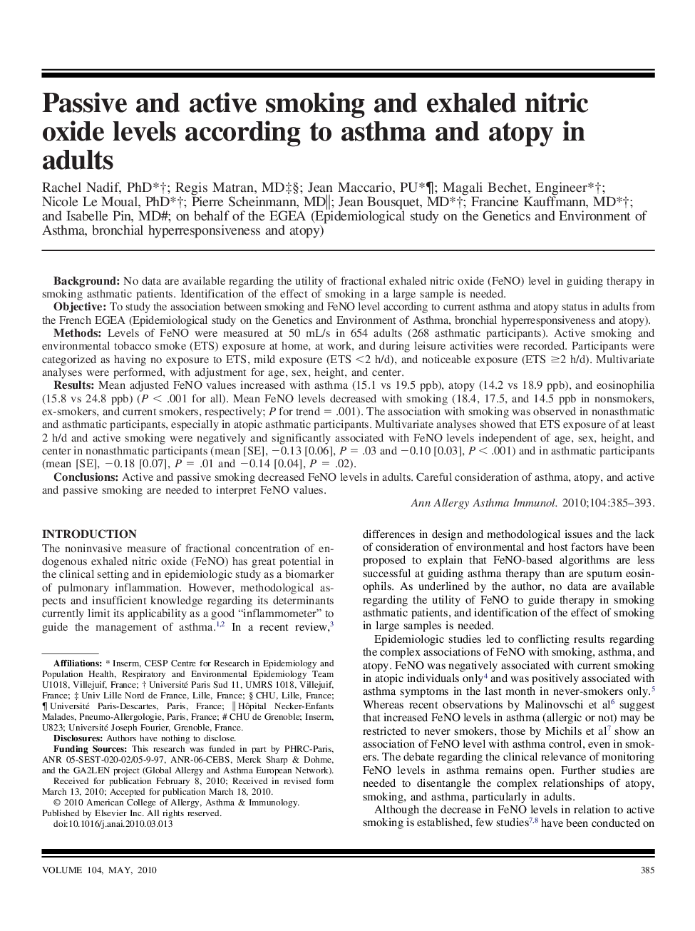 Passive and active smoking and exhaled nitric oxide levels according to asthma and atopy in adults