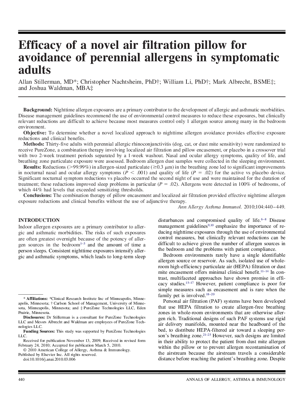 Efficacy of a novel air filtration pillow for avoidance of perennial allergens in symptomatic adults