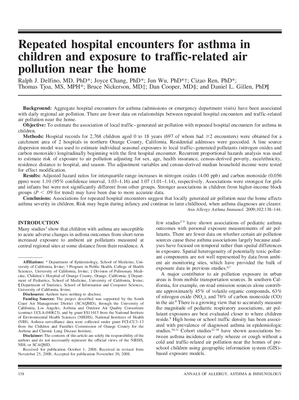 Repeated hospital encounters for asthma in children and exposure to traffic-related air pollution near the home