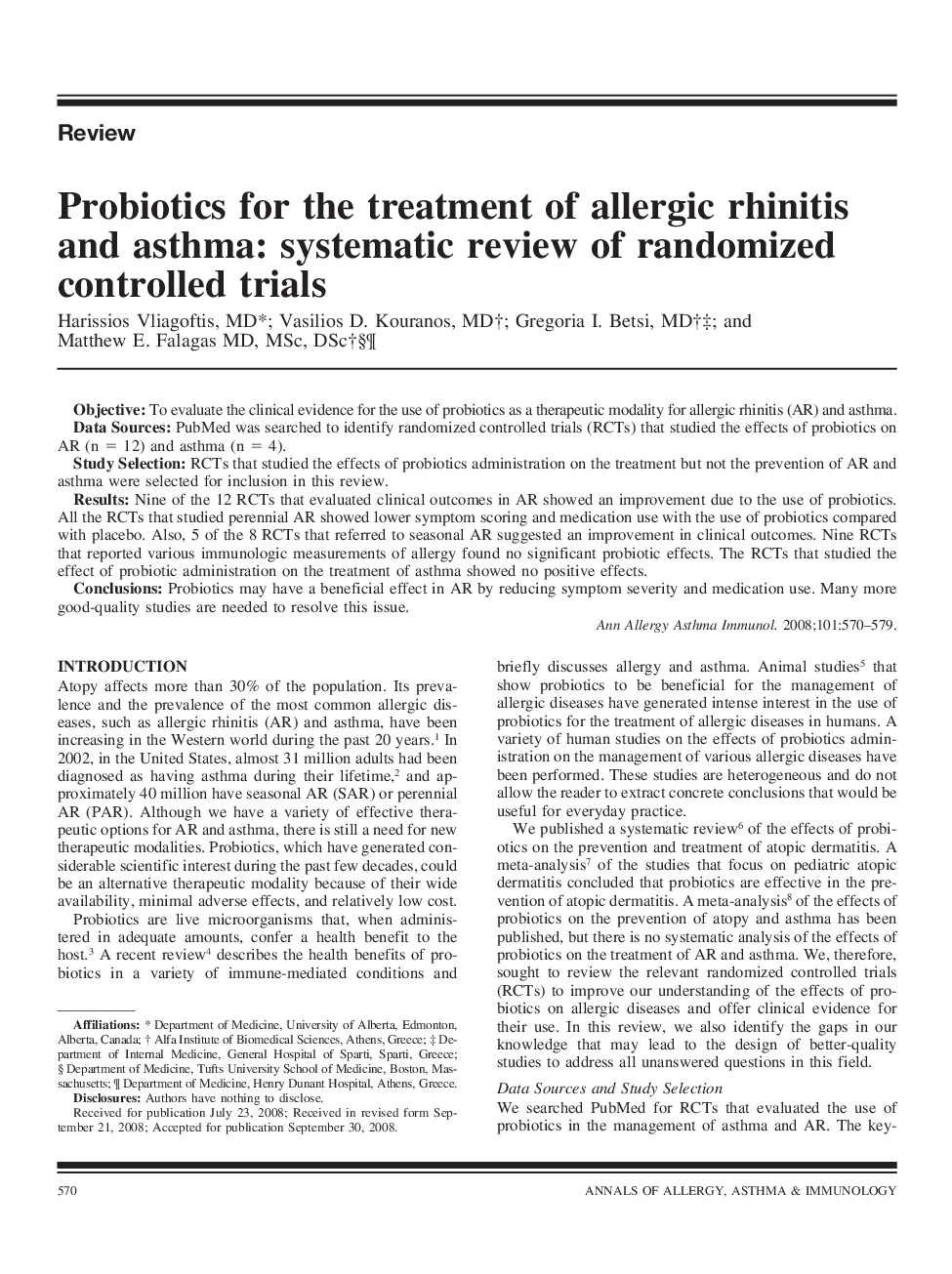 Probiotics for the treatment of allergic rhinitis and asthma: systematic review of randomized controlled trials