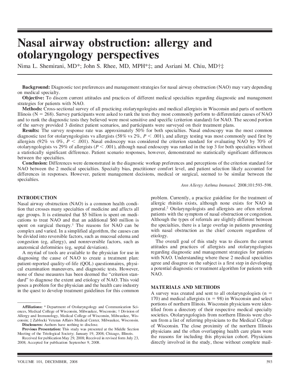Nasal airway obstruction: allergy and otolaryngology perspectives