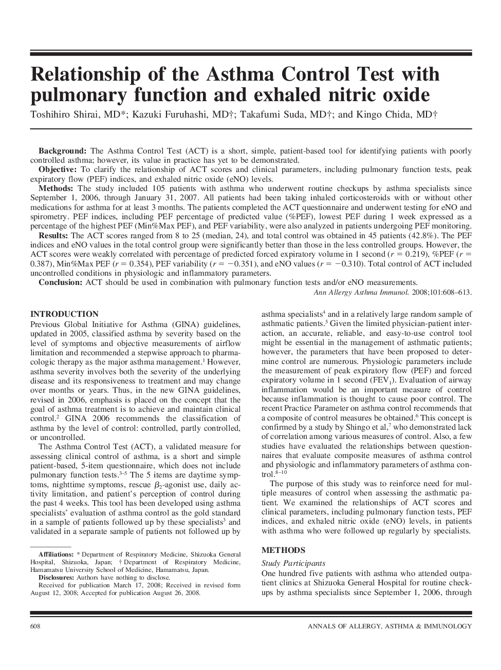 Relationship of the Asthma Control Test with pulmonary function and exhaled nitric oxide
