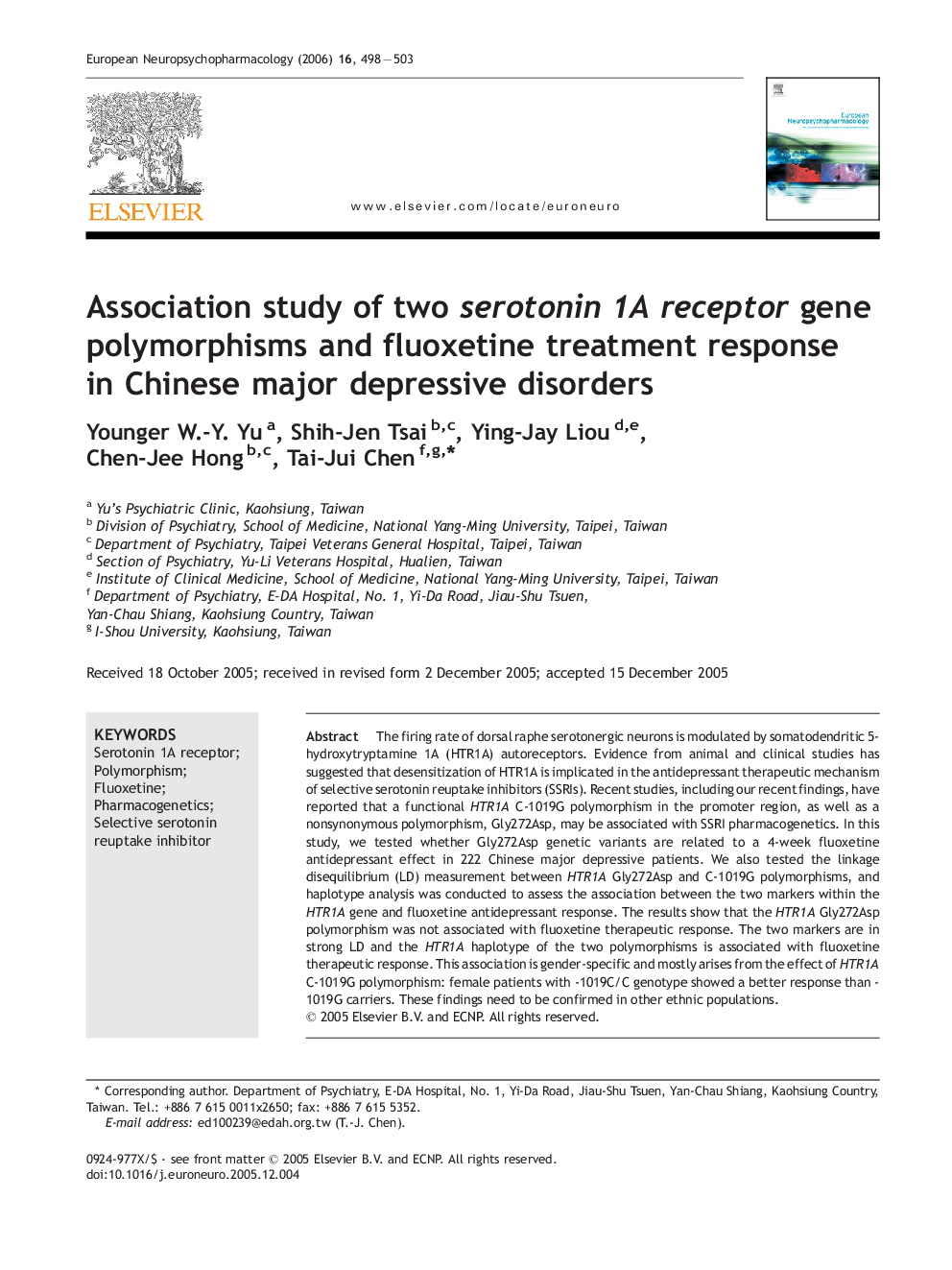 Association study of two serotonin 1A receptor gene polymorphisms and fluoxetine treatment response in Chinese major depressive disorders