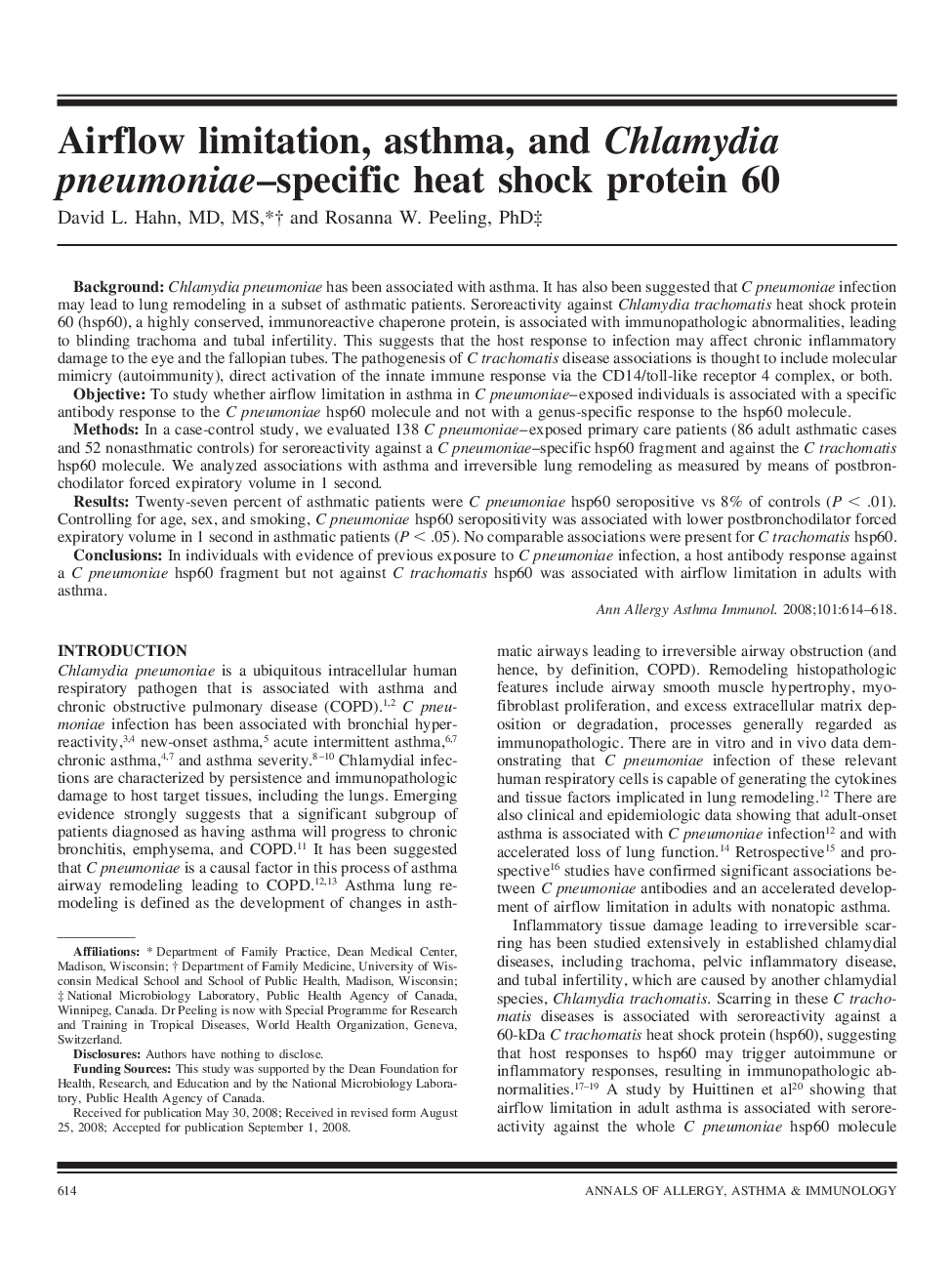 Airflow limitation, asthma, and Chlamydia pneumoniae-specific heat shock protein 60