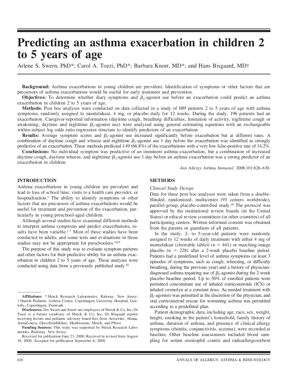 Predicting an asthma exacerbation in children 2 to 5 years of age