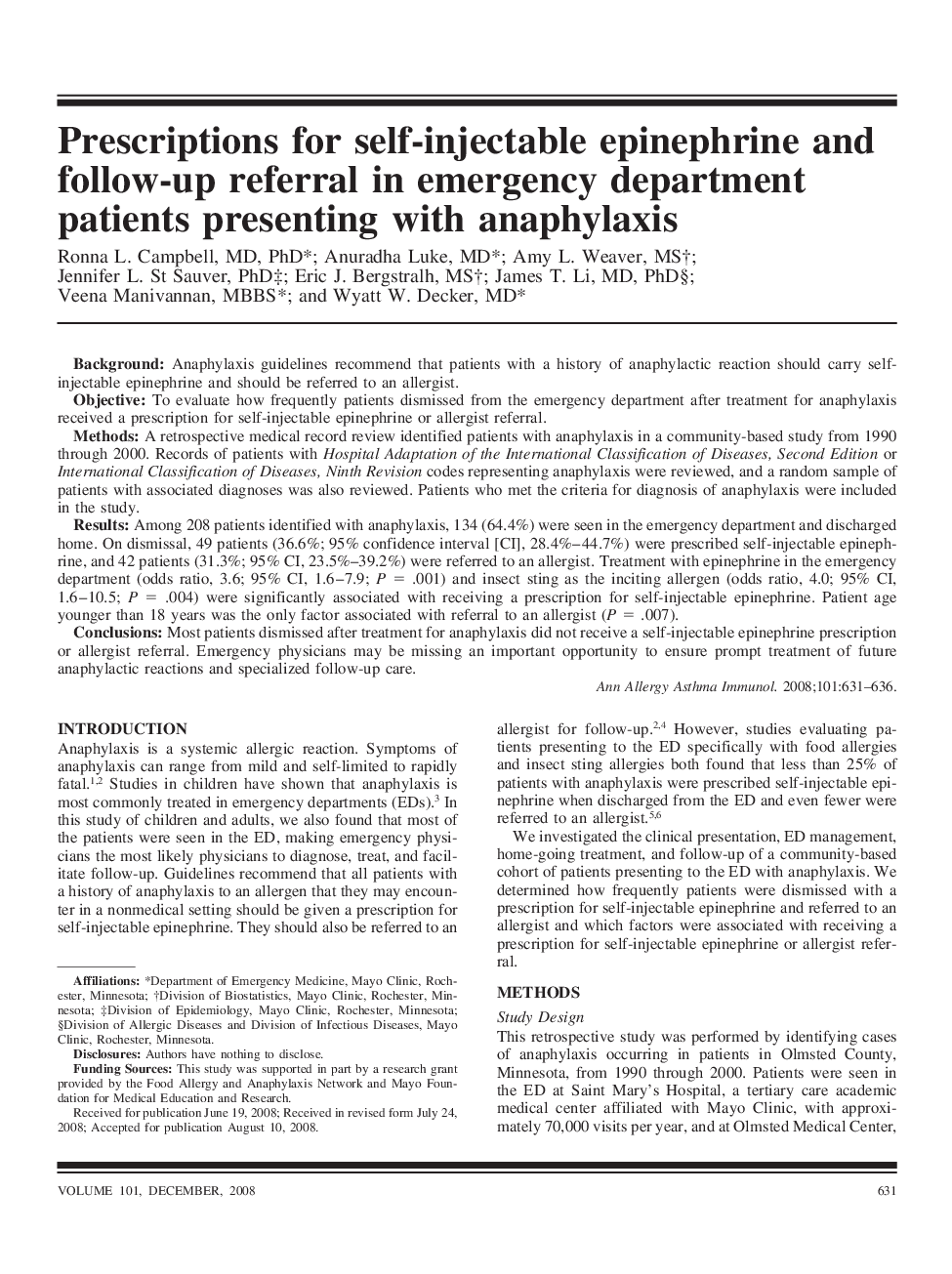 Prescriptions for self-injectable epinephrine and follow-up referral in emergency department patients presenting with anaphylaxis 