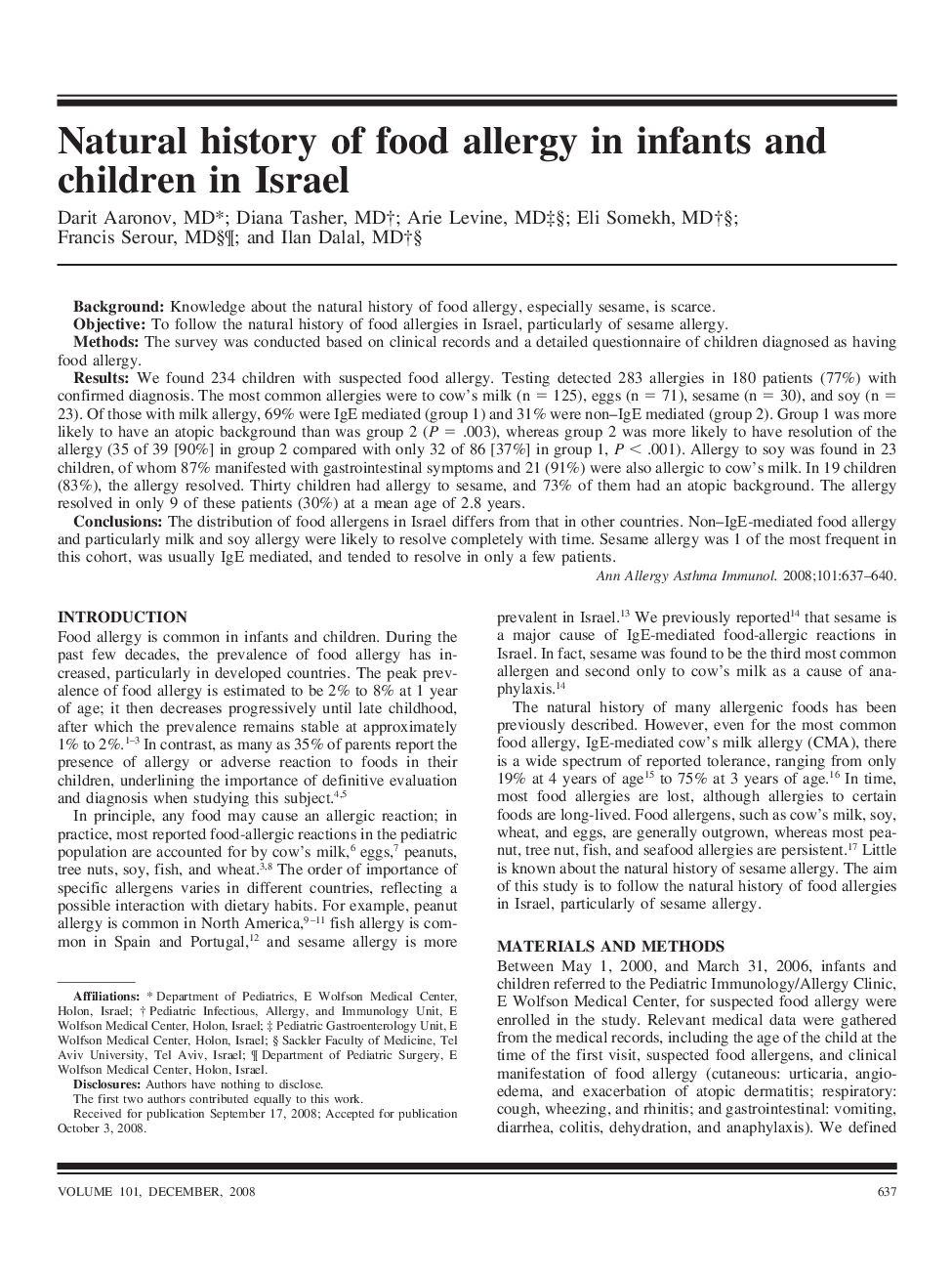 Natural history of food allergy in infants and children in Israel
