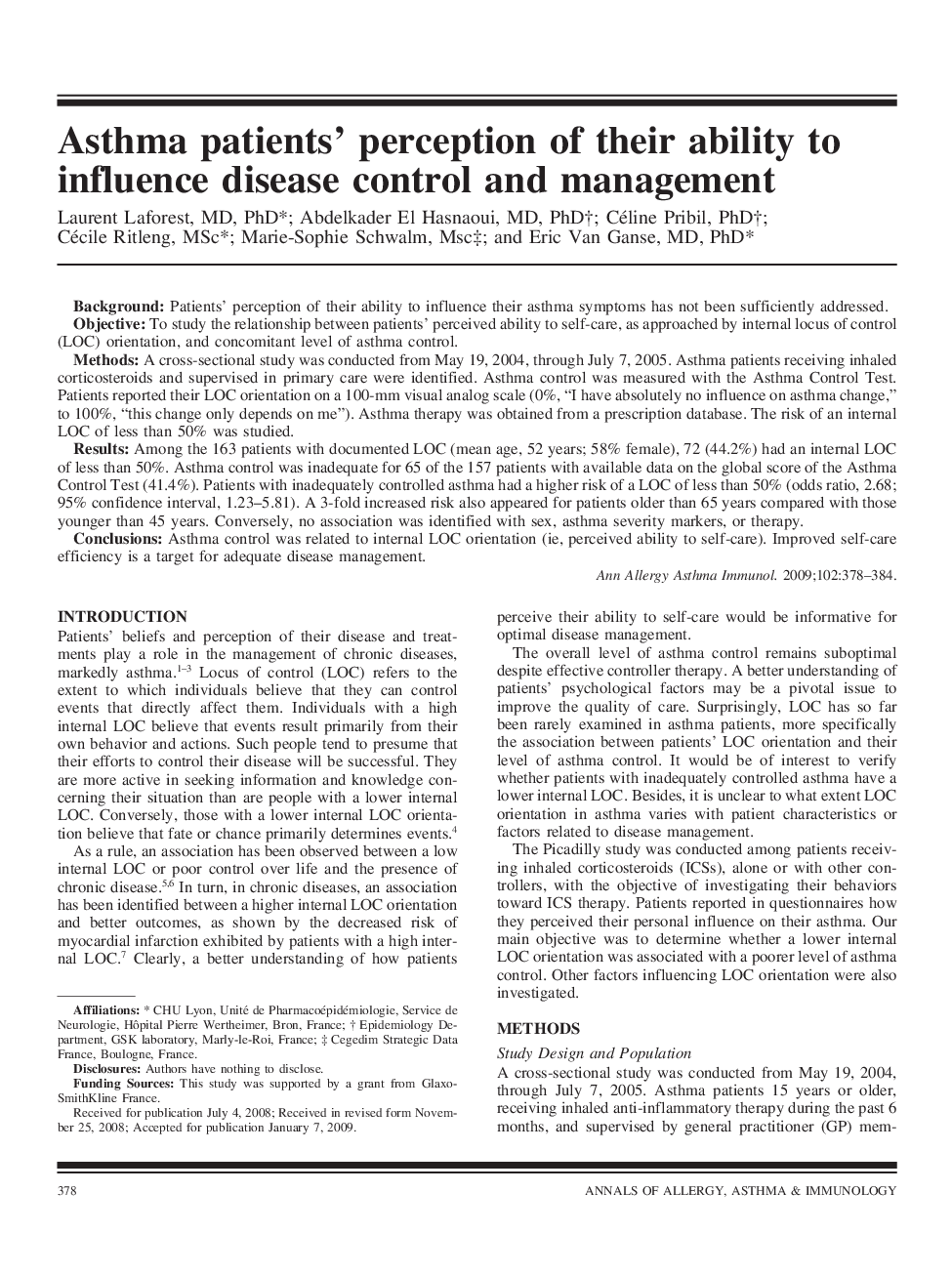 Asthma patients' perception of their ability to influence disease control and management