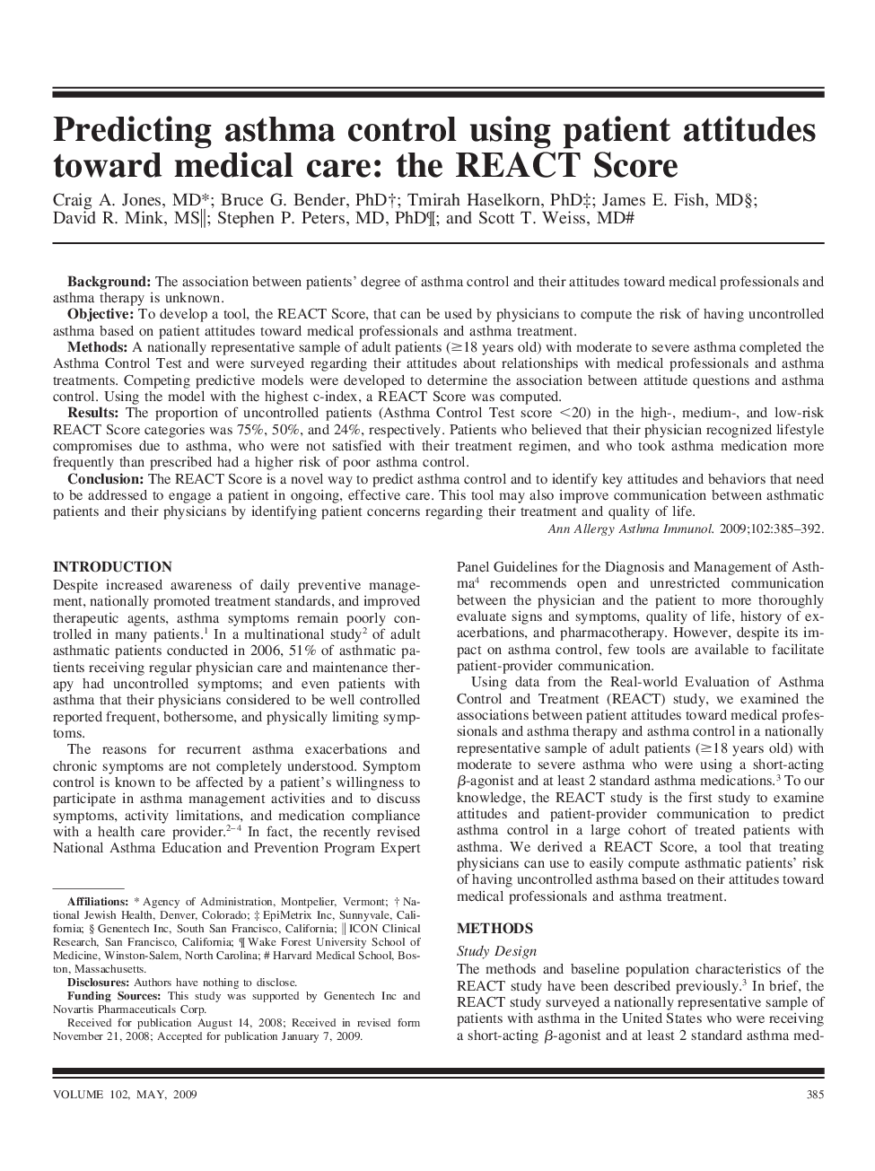 Predicting asthma control using patient attitudes toward medical care: the REACT Score